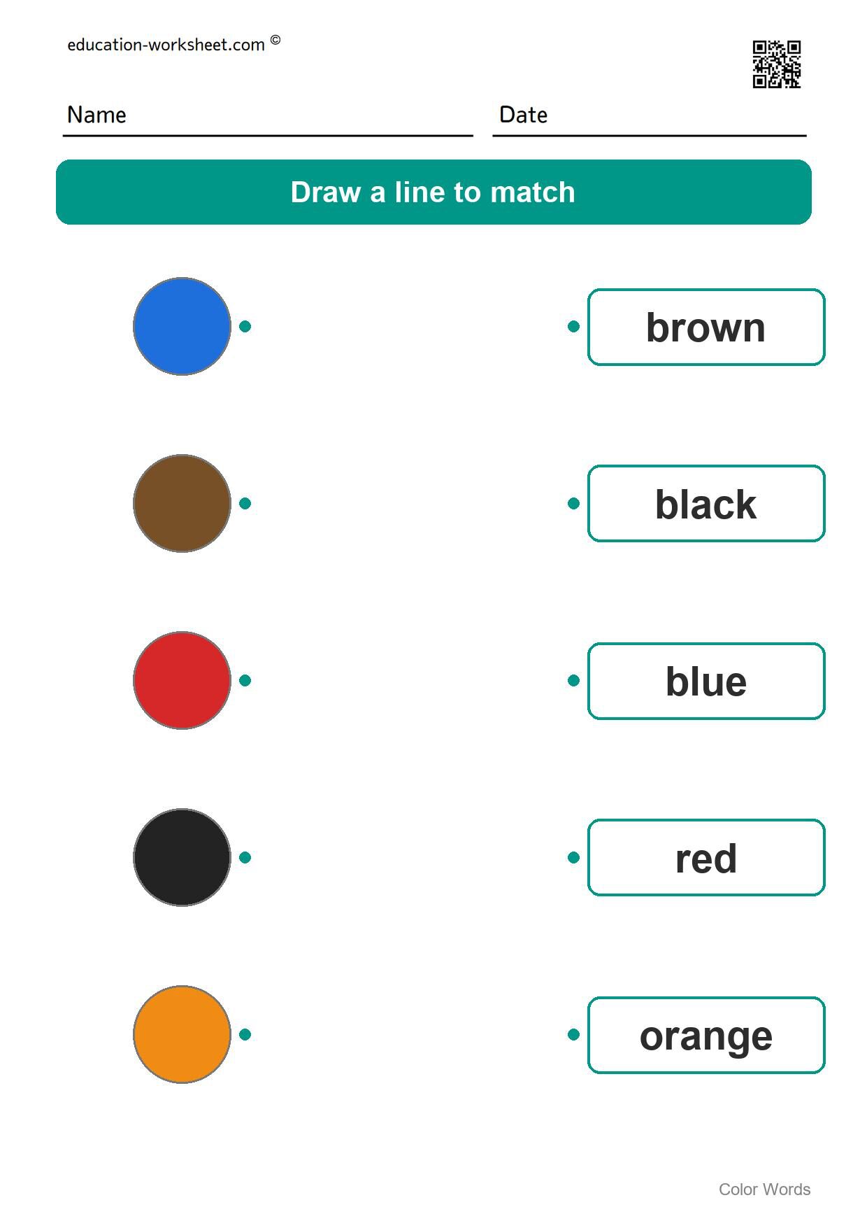 Match colors and words (Set 3) - Free Color Words Worksheets for Kindergarten - Match Colors and Words