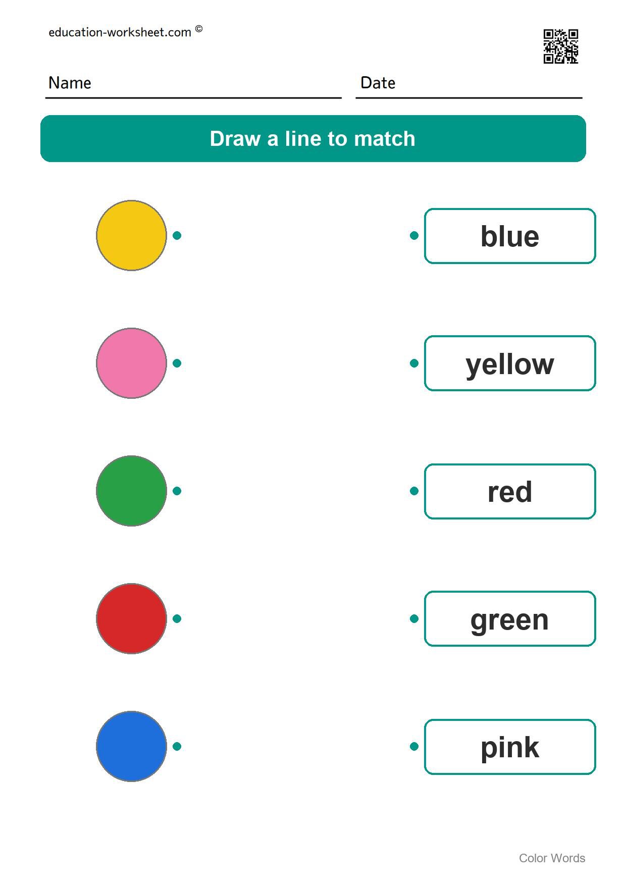Match colors and words (Set 4) - Free Color Words Worksheets for Kindergarten - Match Colors and Words