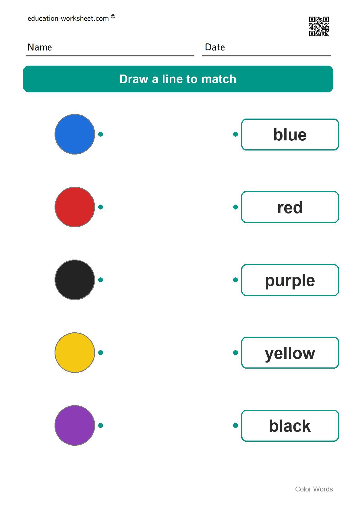 Match colors and words (Set 5) - Free Color Words Worksheets for Kindergarten - Match Colors and Words