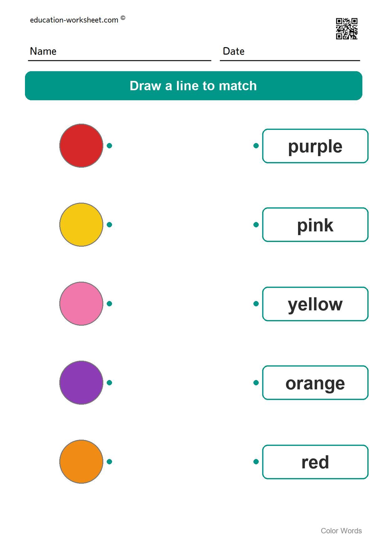 Match colors and words (Set 6) - Free Color Words Worksheets for Kindergarten - Match Colors and Words