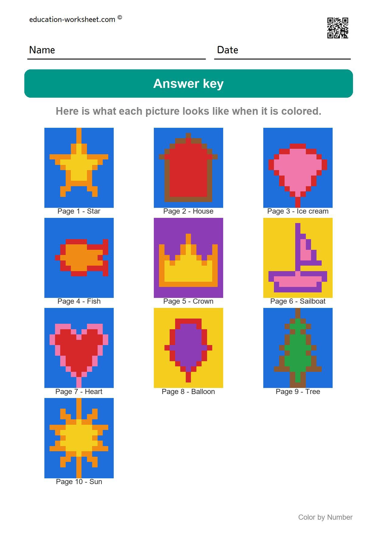 Answer key - all 10 pictures - Free Color by Number Worksheets for Kindergarten - Color and Count