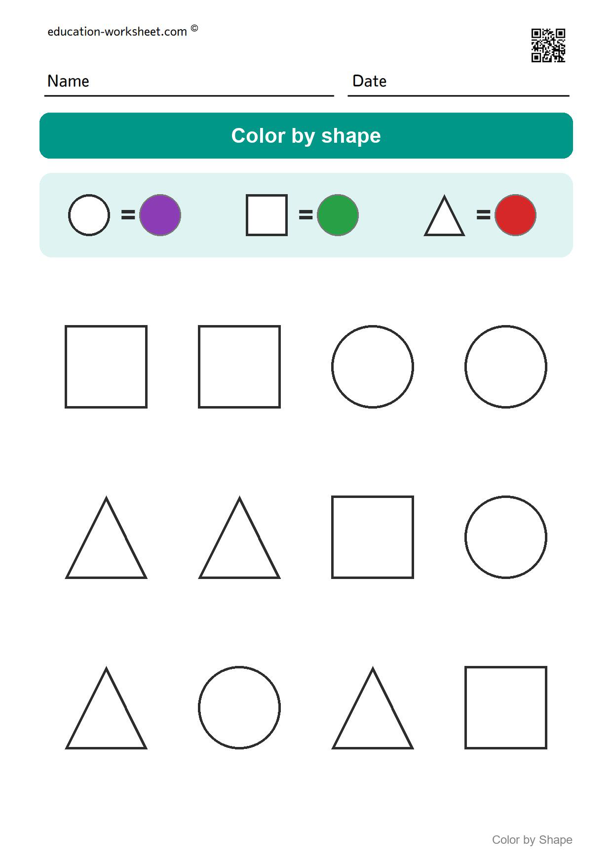 Color by shape (Set 1) - Free Color by Shape Worksheets for Kindergarten