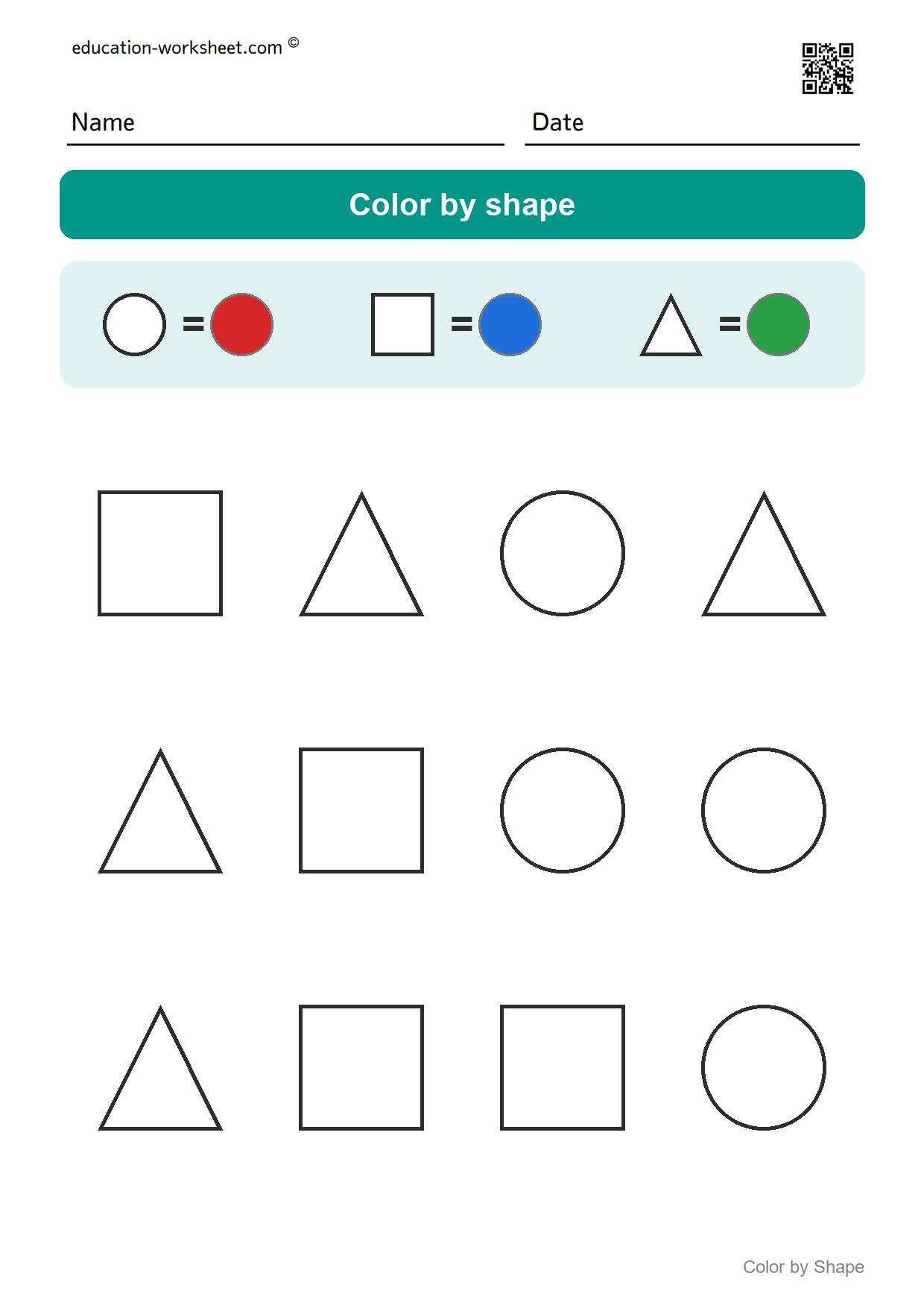 Color by shape (Set 10) - Free Color by Shape Worksheets for Kindergarten