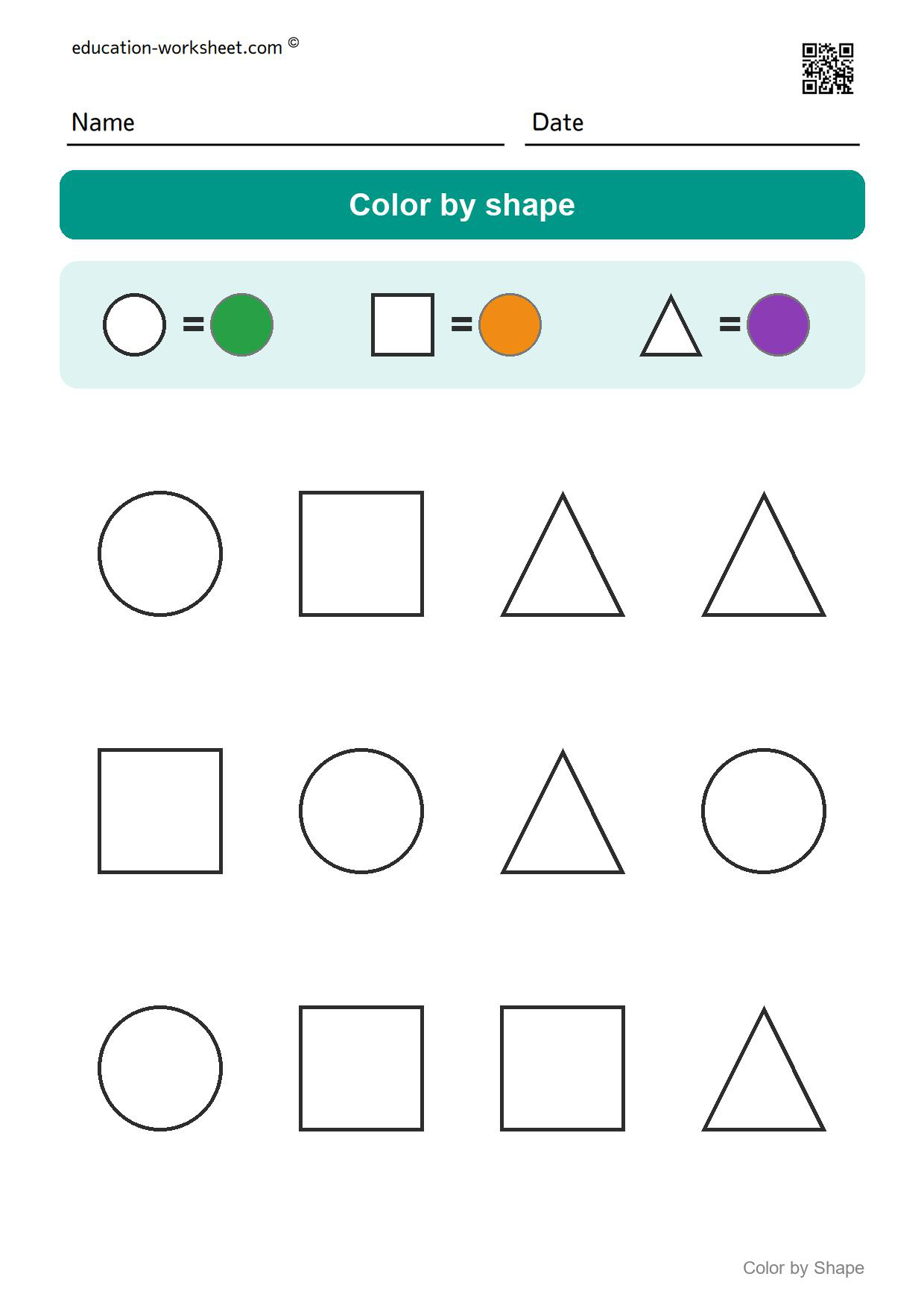 Color by shape (Set 2) - Free Color by Shape Worksheets for Kindergarten