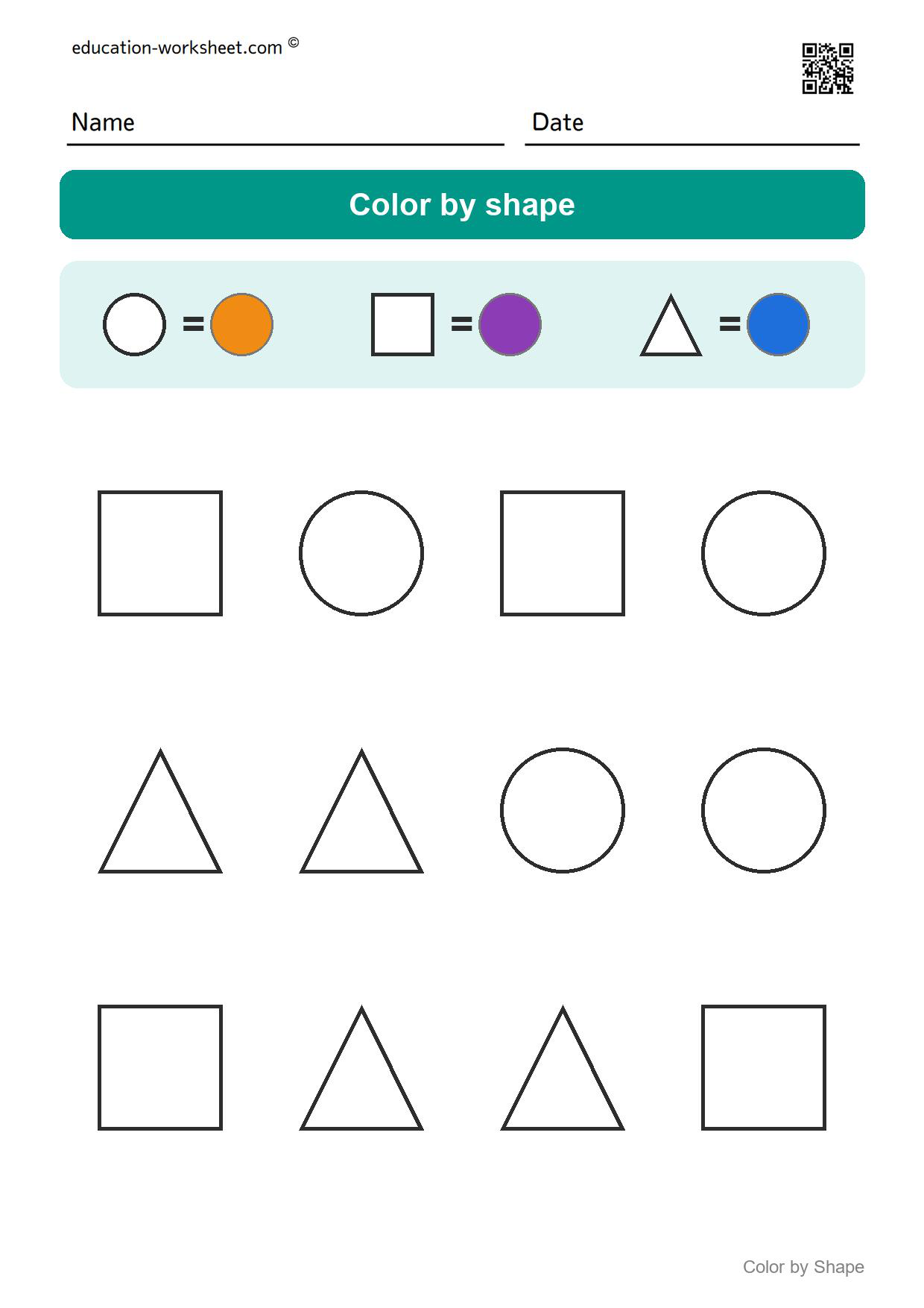 Color by shape (Set 3) - Free Color by Shape Worksheets for Kindergarten