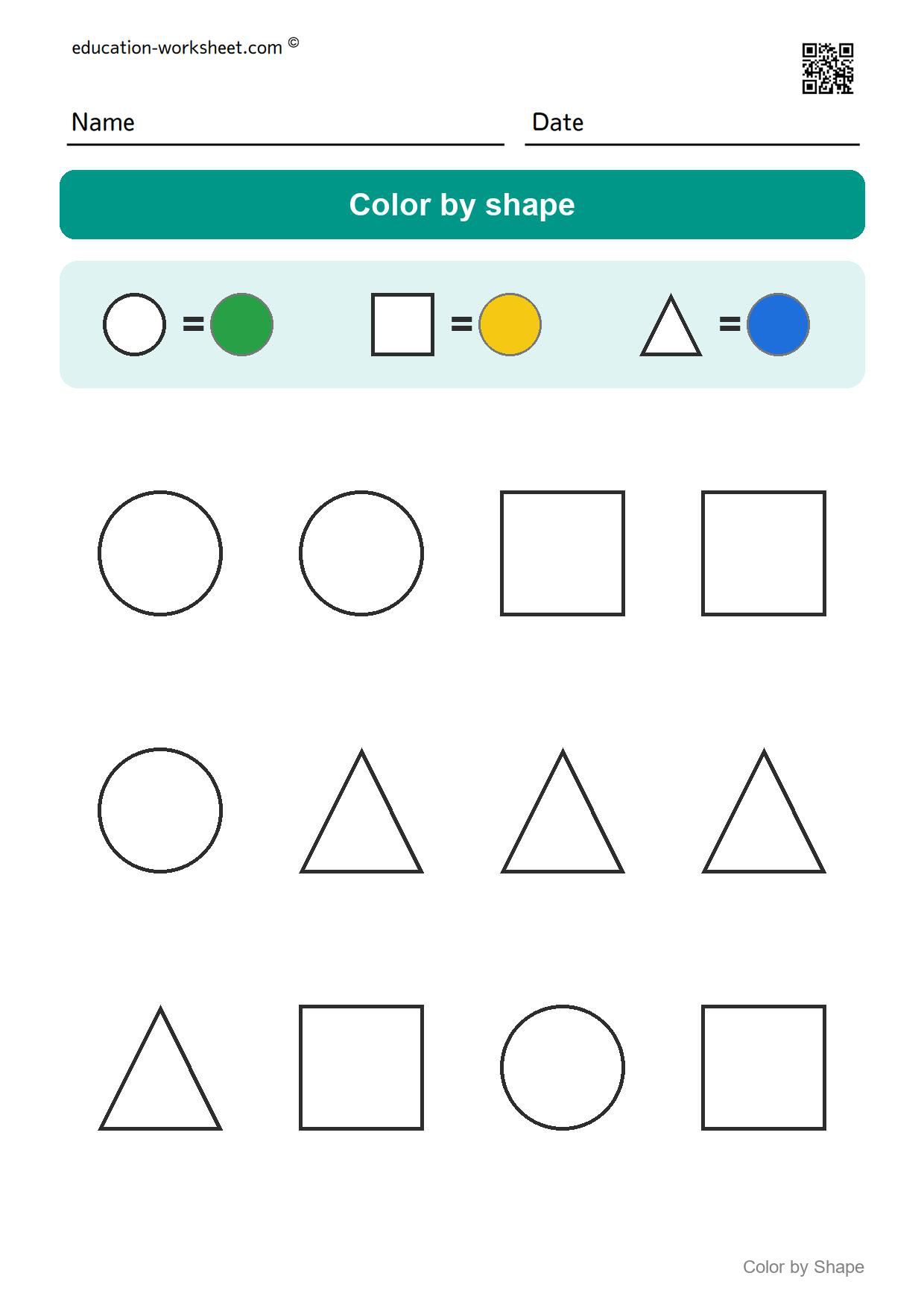 Color by shape (Set 4) - Free Color by Shape Worksheets for Kindergarten