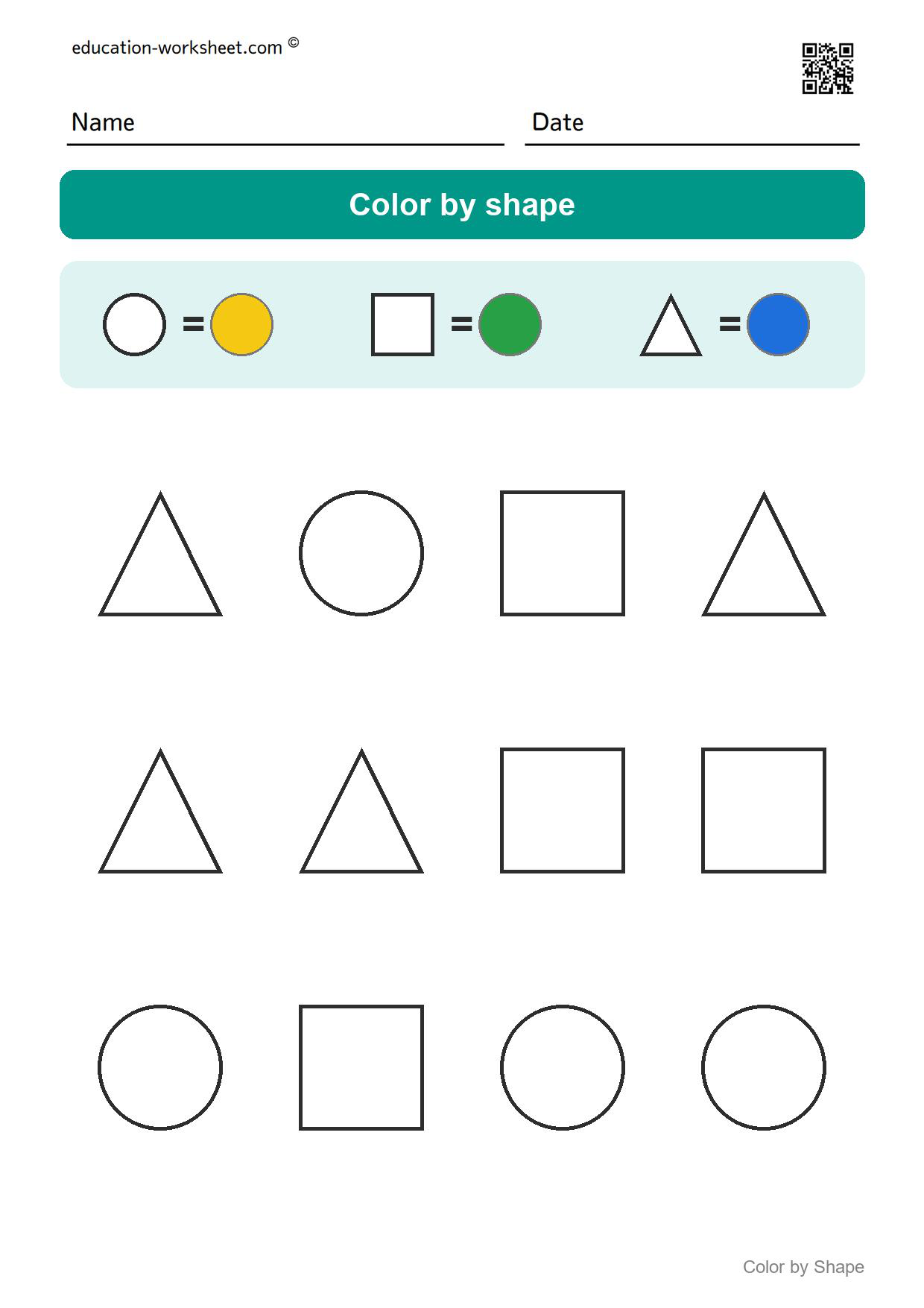 Color by shape (Set 5) - Free Color by Shape Worksheets for Kindergarten