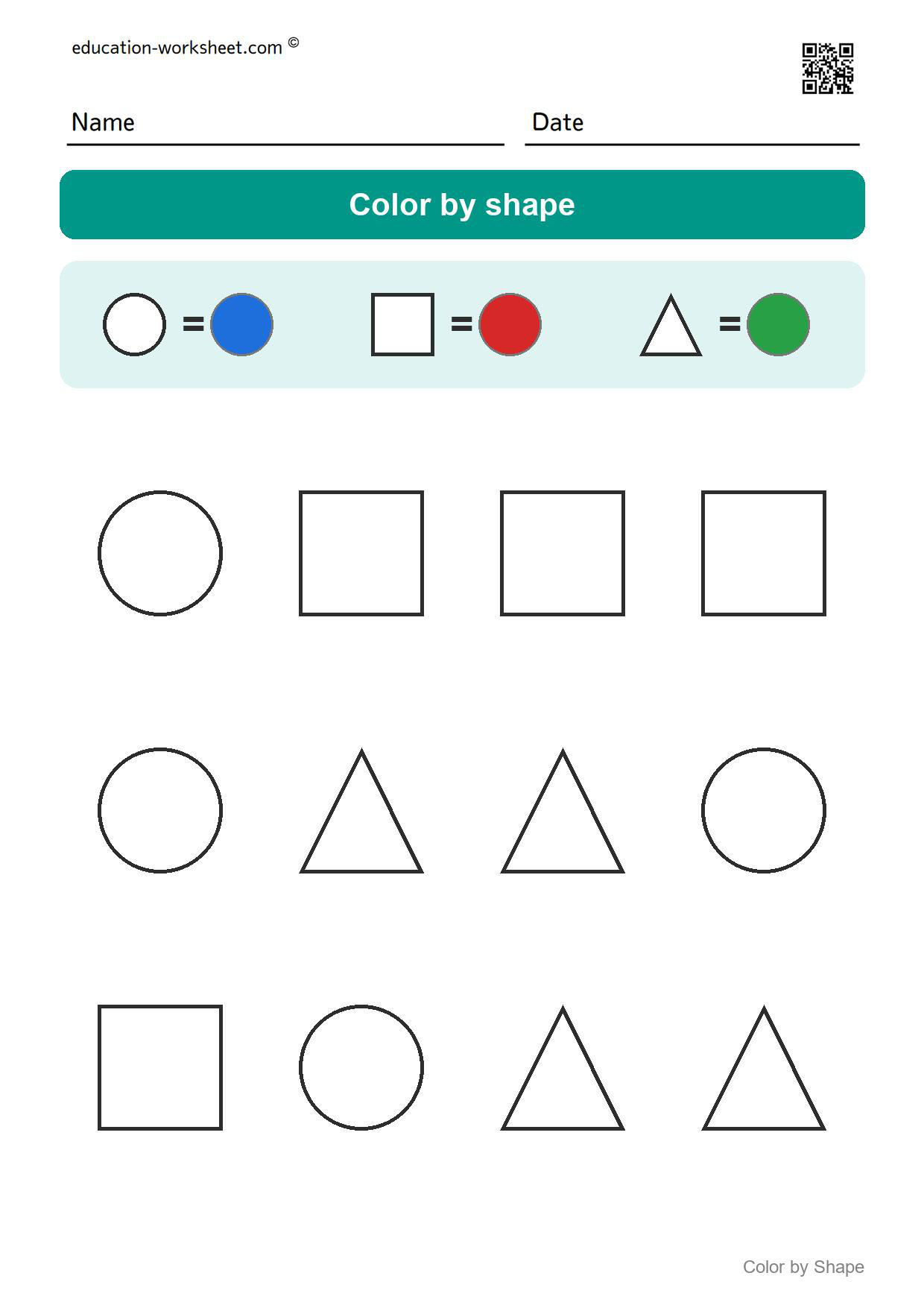 Color by shape (Set 6) - Free Color by Shape Worksheets for Kindergarten