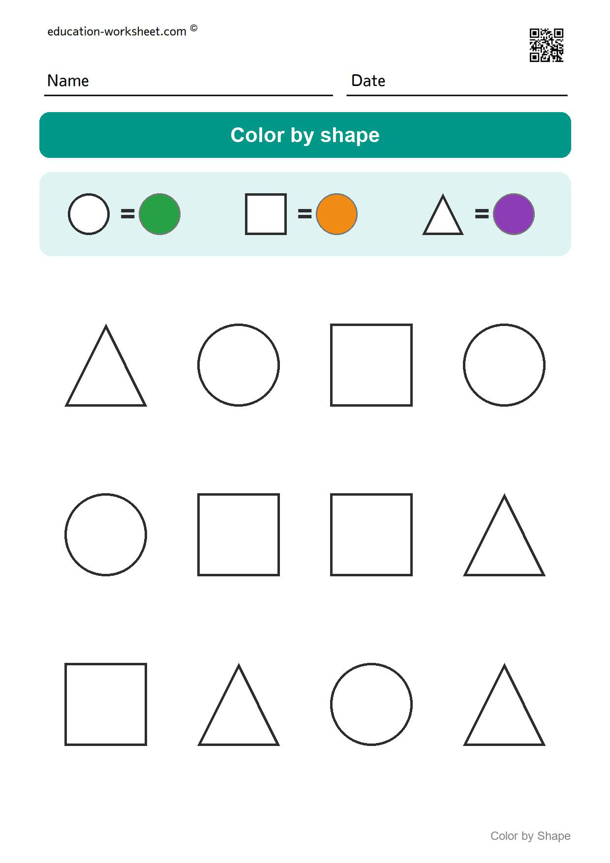 Color by shape (Set 7) - Free Color by Shape Worksheets for Kindergarten