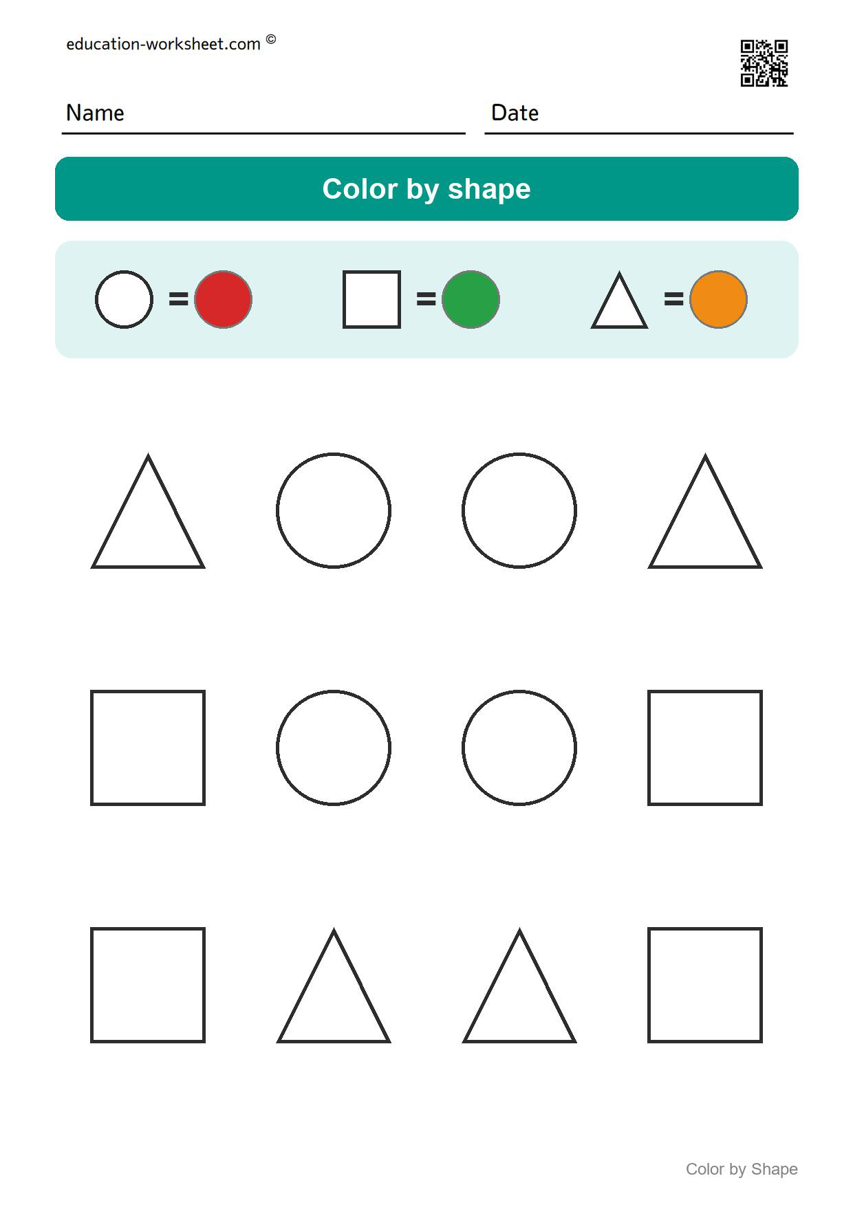 Color by shape (Set 8) - Free Color by Shape Worksheets for Kindergarten