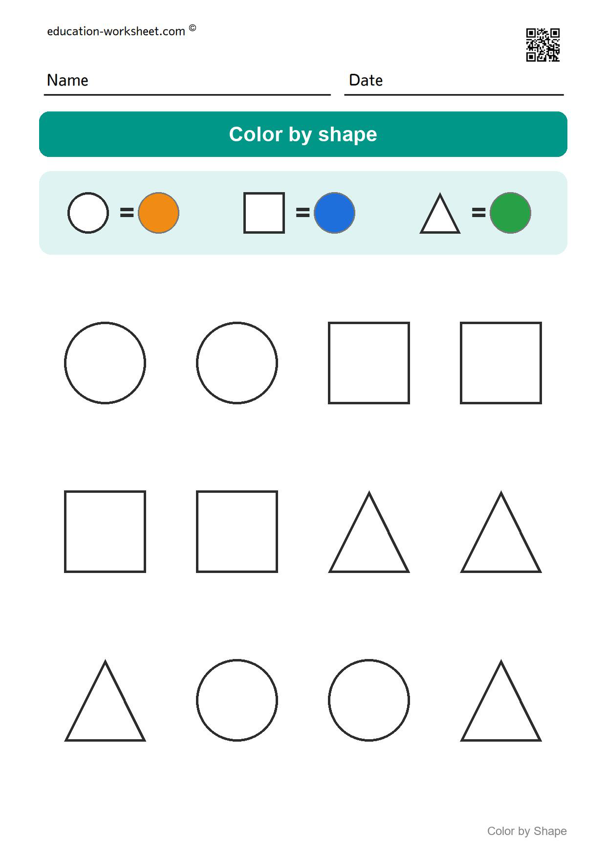 Color by shape (Set 9) - Free Color by Shape Worksheets for Kindergarten