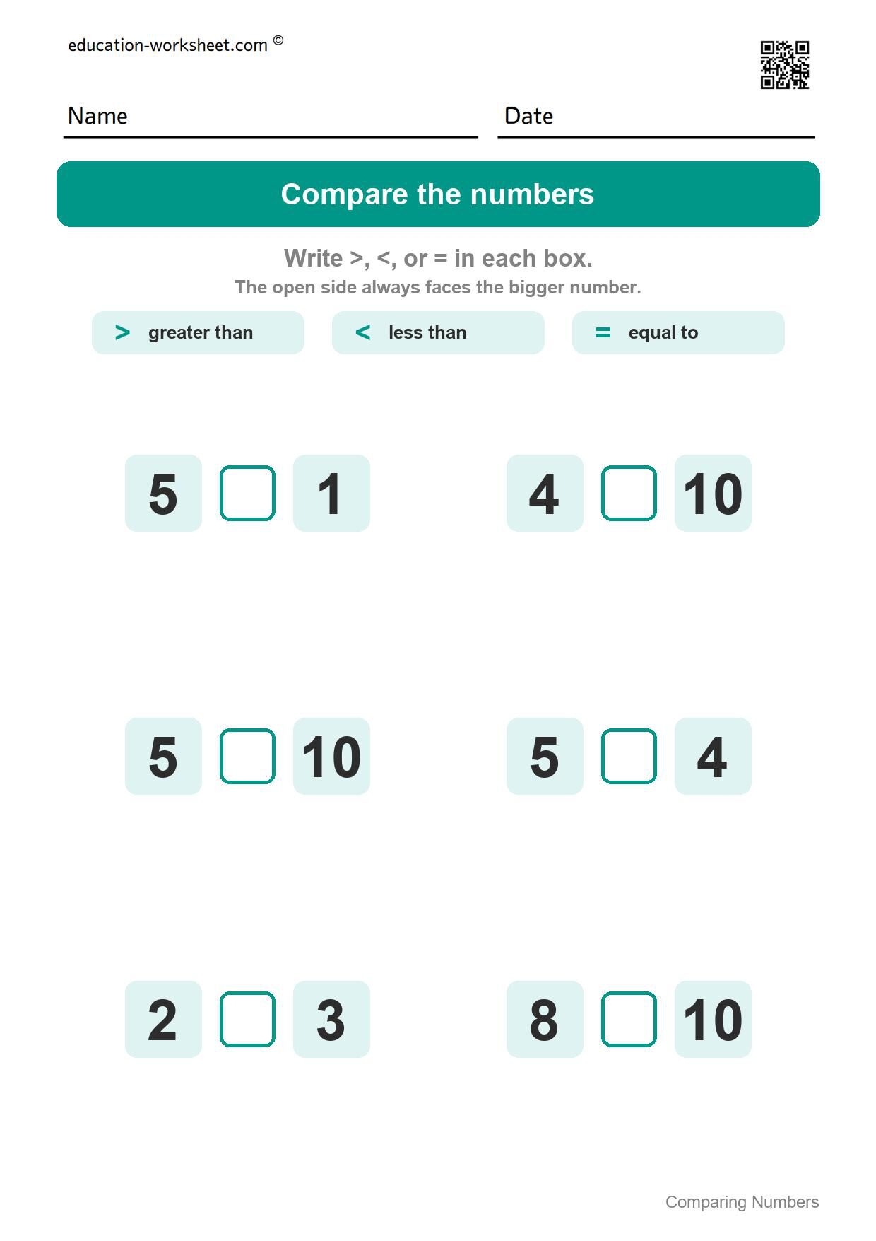 Compare numbers to 10 (Set 1) - Free Comparing Numbers Worksheets for Kindergarten - Greater Than Less Than