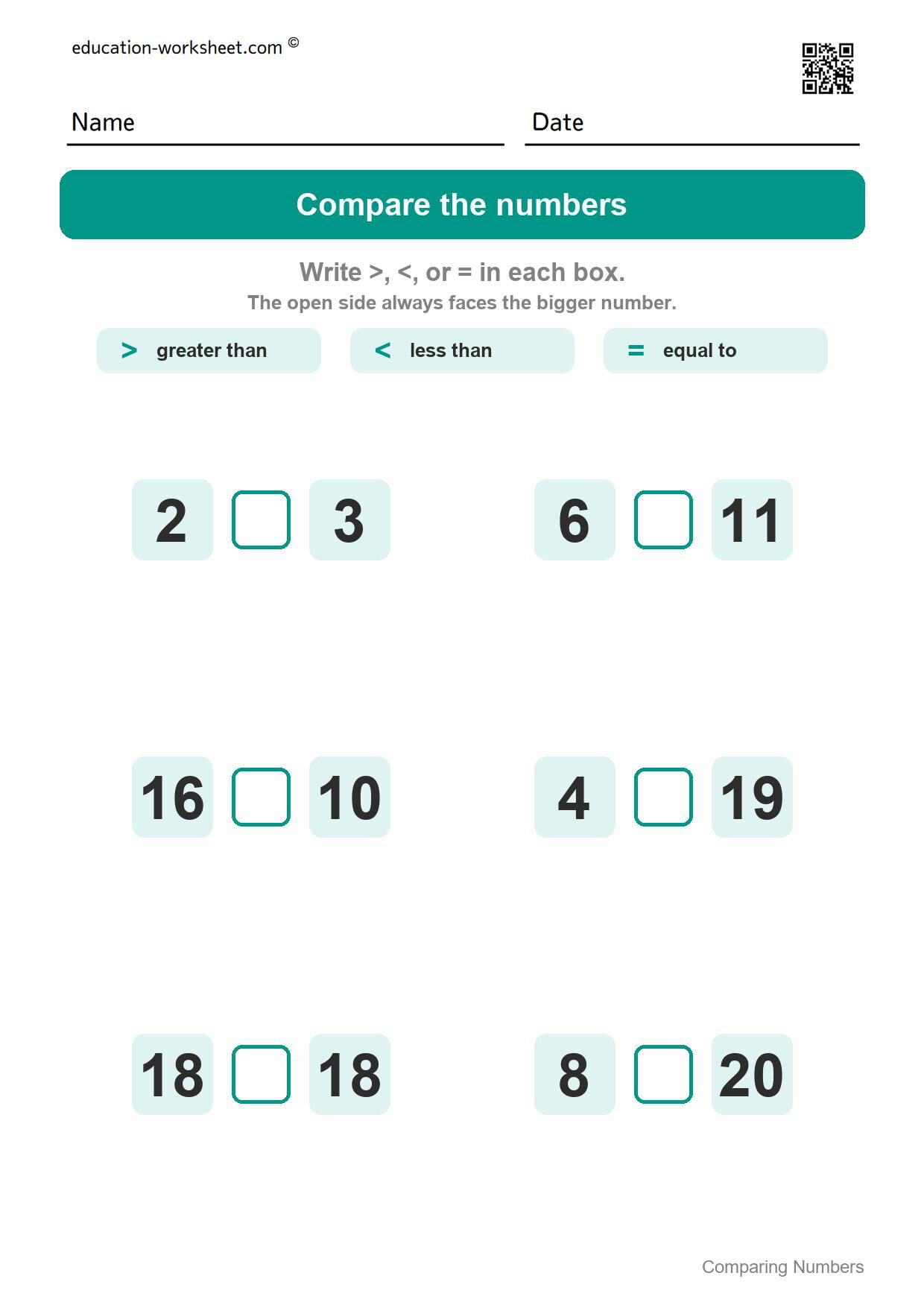 Compare numbers to 20 (Set 10) - Free Comparing Numbers Worksheets for Kindergarten - Greater Than Less Than