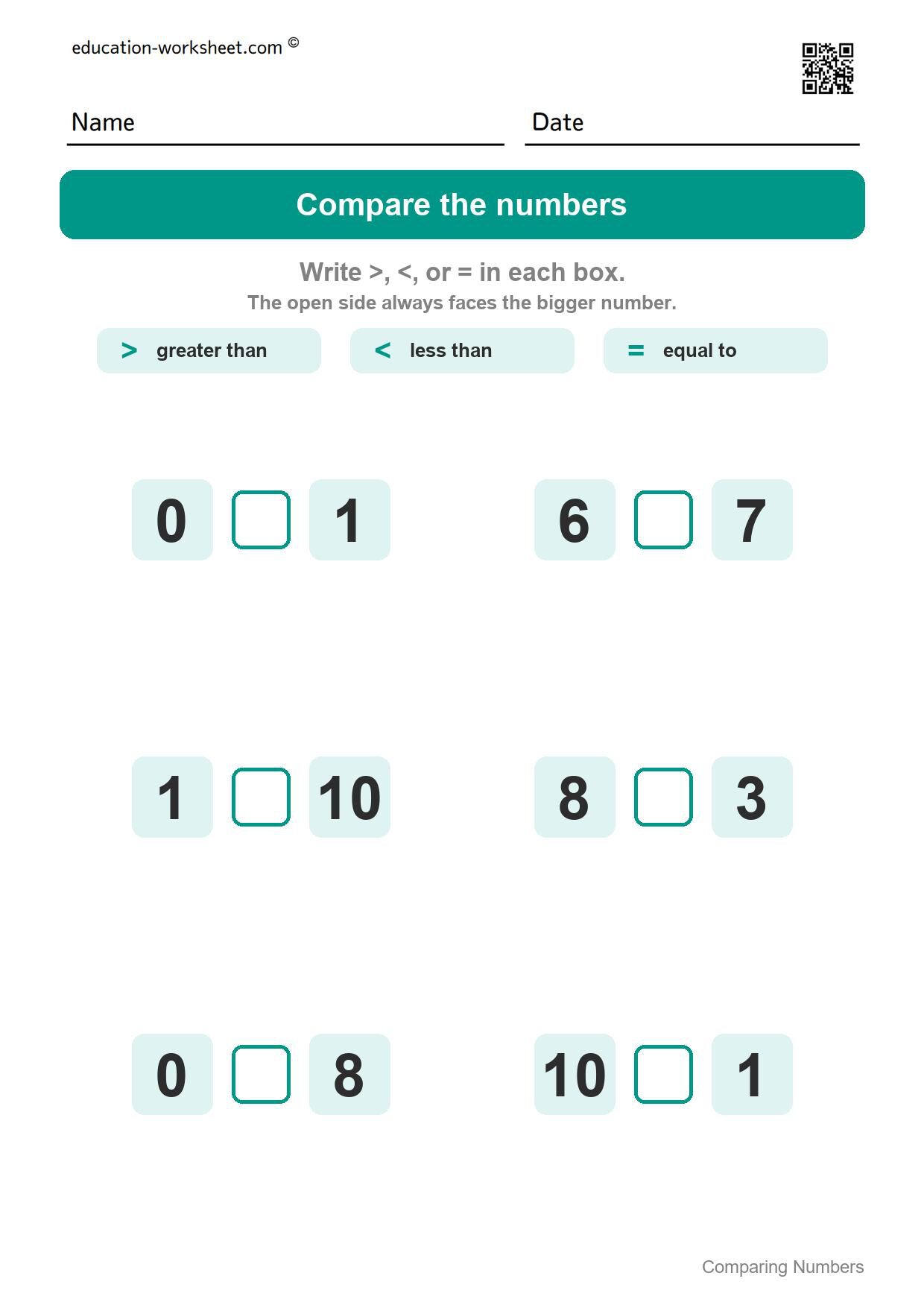 Compare numbers to 10 (Set 2) - Free Comparing Numbers Worksheets for Kindergarten - Greater Than Less Than