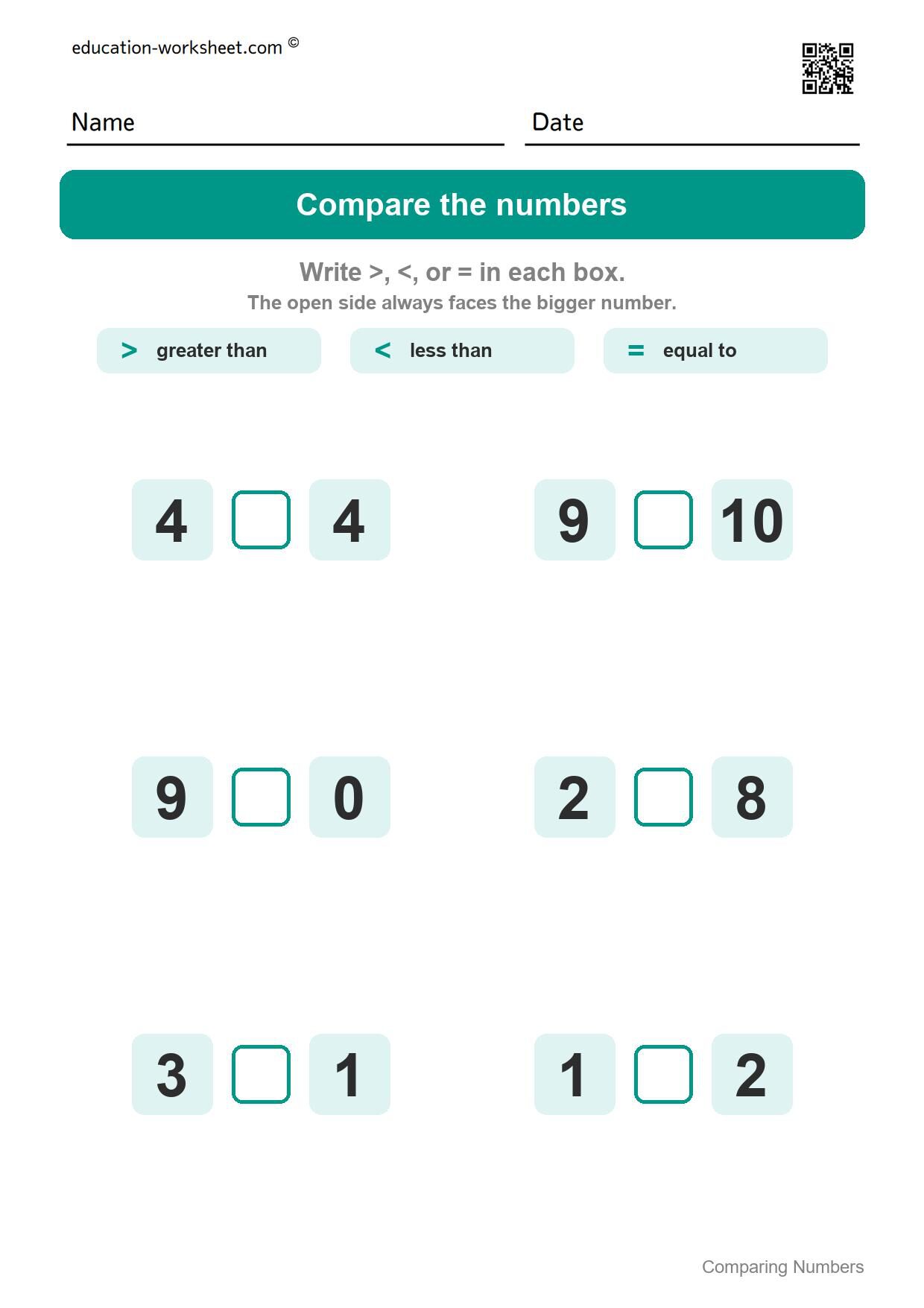 Compare numbers to 10 (Set 3) - Free Comparing Numbers Worksheets for Kindergarten - Greater Than Less Than