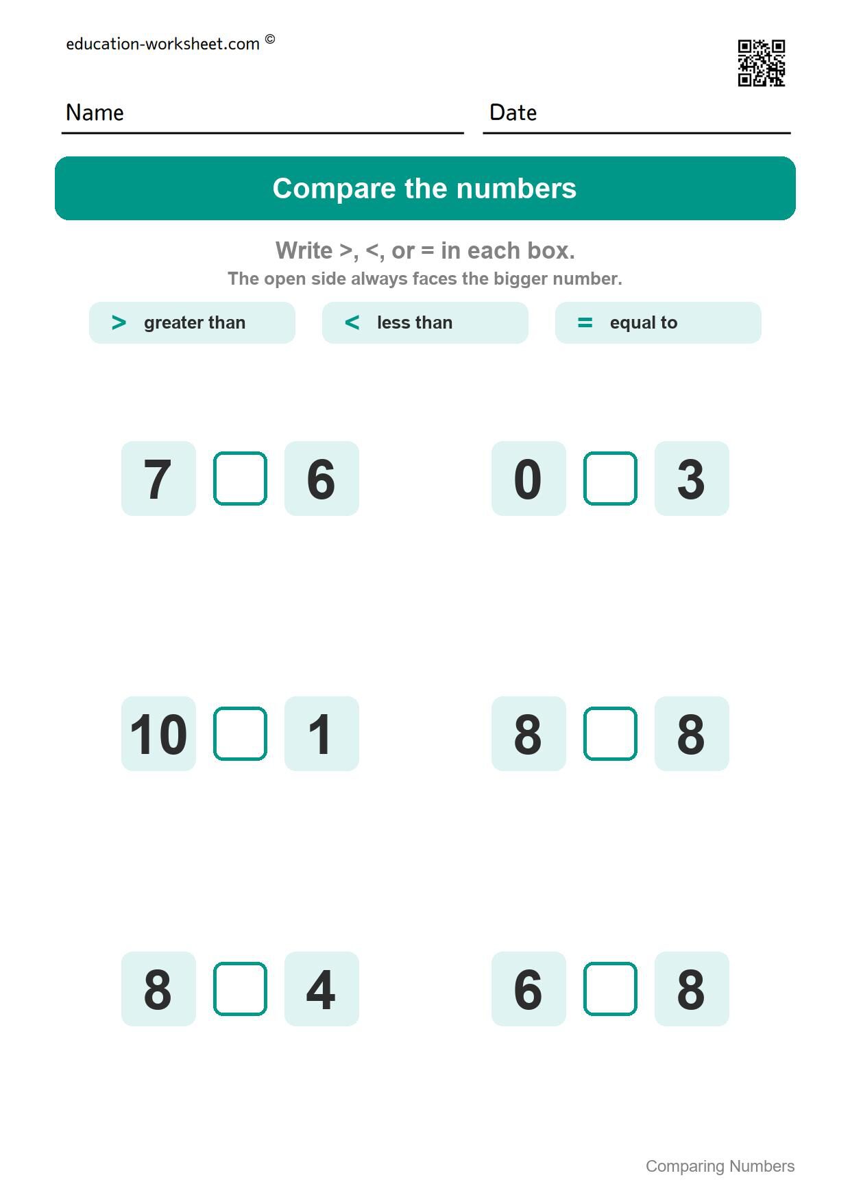 Compare numbers to 10 (Set 4) - Free Comparing Numbers Worksheets for Kindergarten - Greater Than Less Than