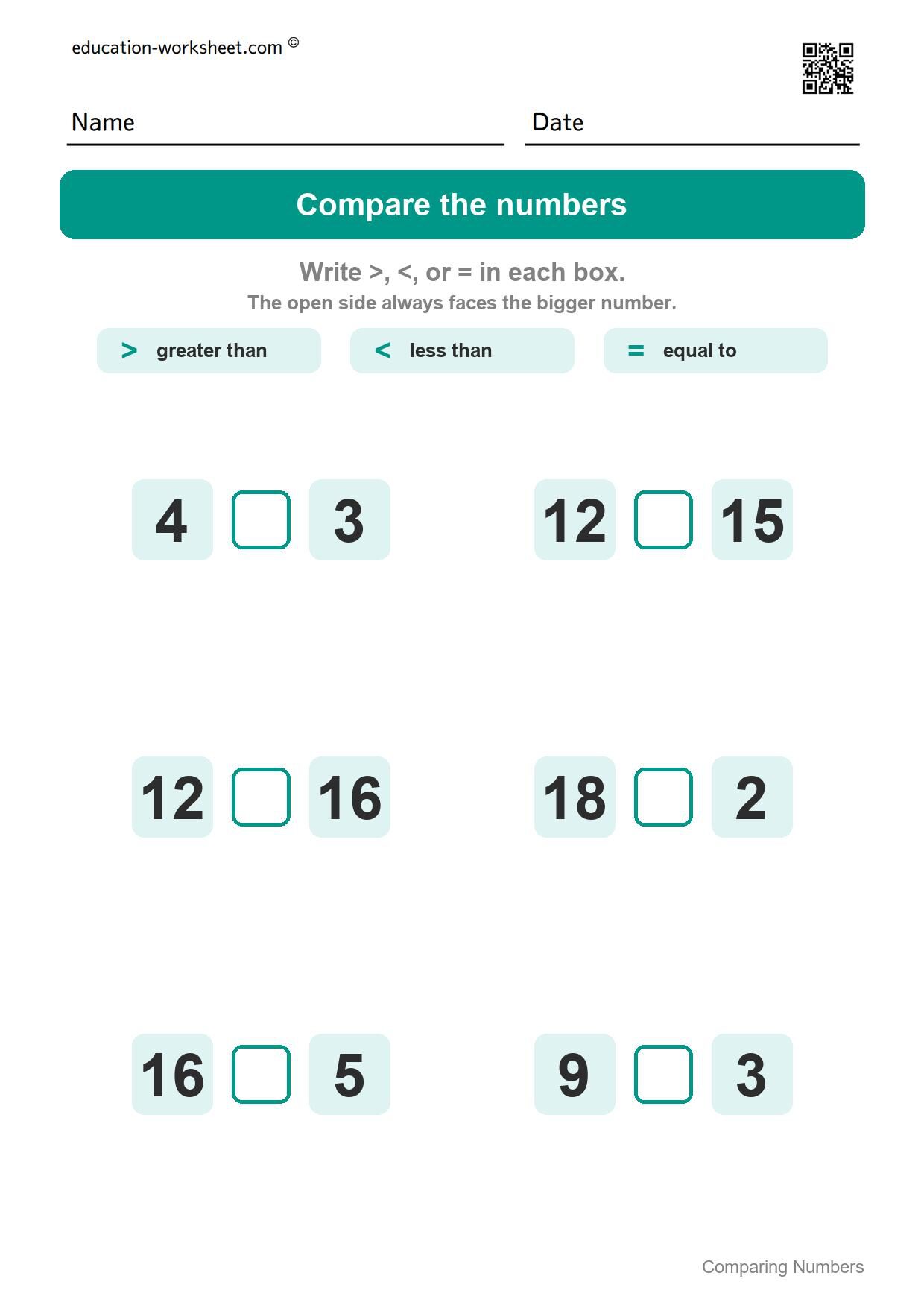 Compare numbers to 20 (Set 5) - Free Comparing Numbers Worksheets for Kindergarten - Greater Than Less Than
