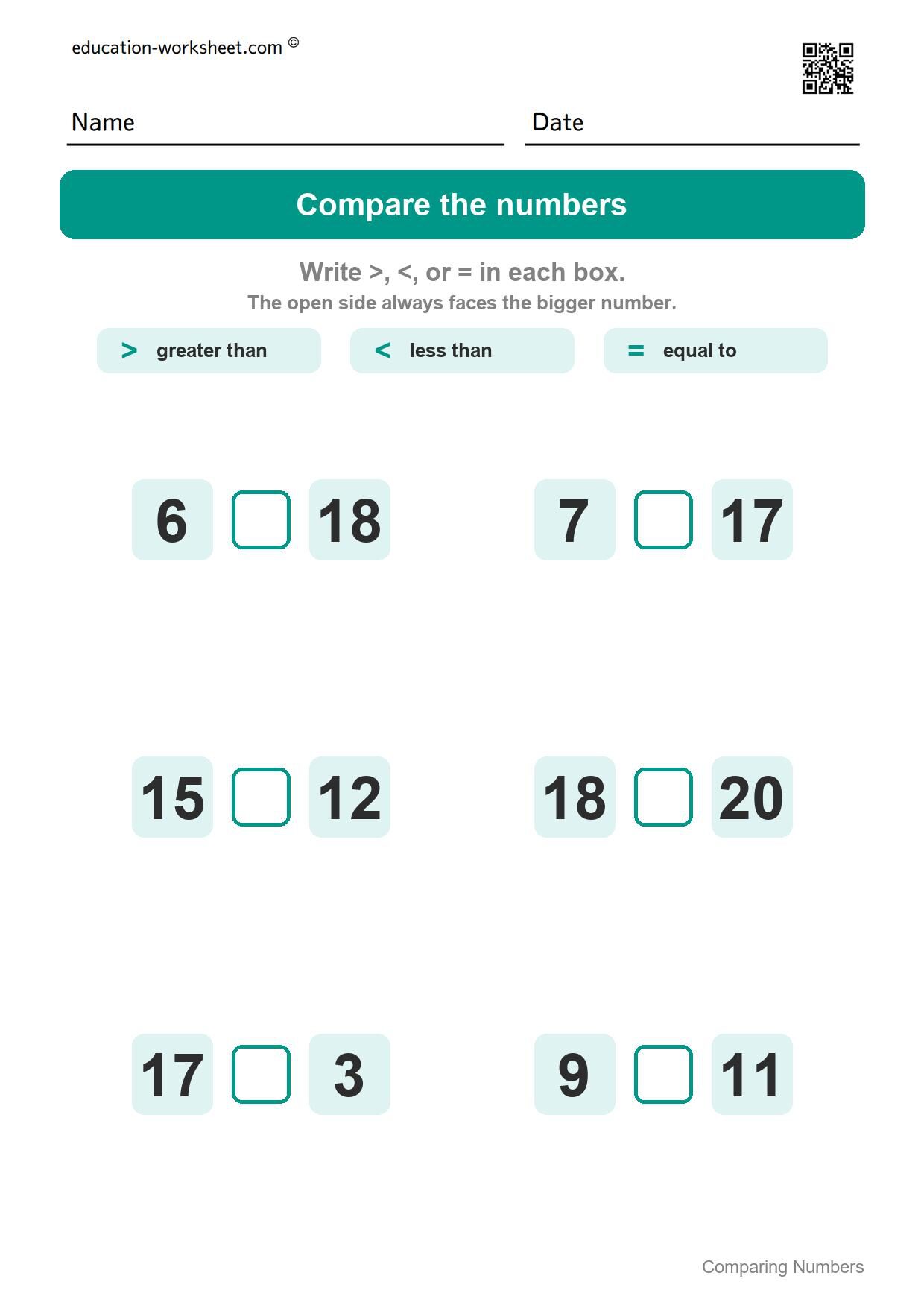 Compare numbers to 20 (Set 6) - Free Comparing Numbers Worksheets for Kindergarten - Greater Than Less Than