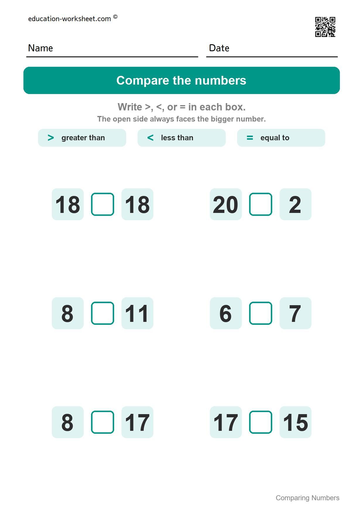 Compare numbers to 20 (Set 7) - Free Comparing Numbers Worksheets for Kindergarten - Greater Than Less Than