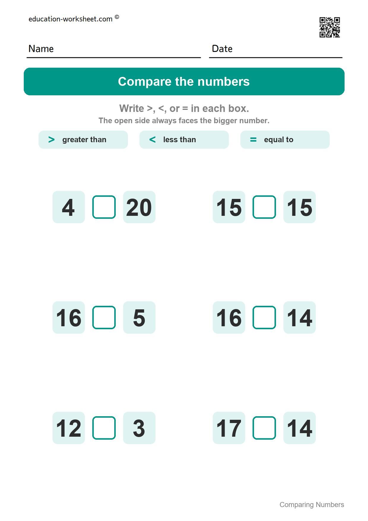 Compare numbers to 20 (Set 8) - Free Comparing Numbers Worksheets for Kindergarten - Greater Than Less Than
