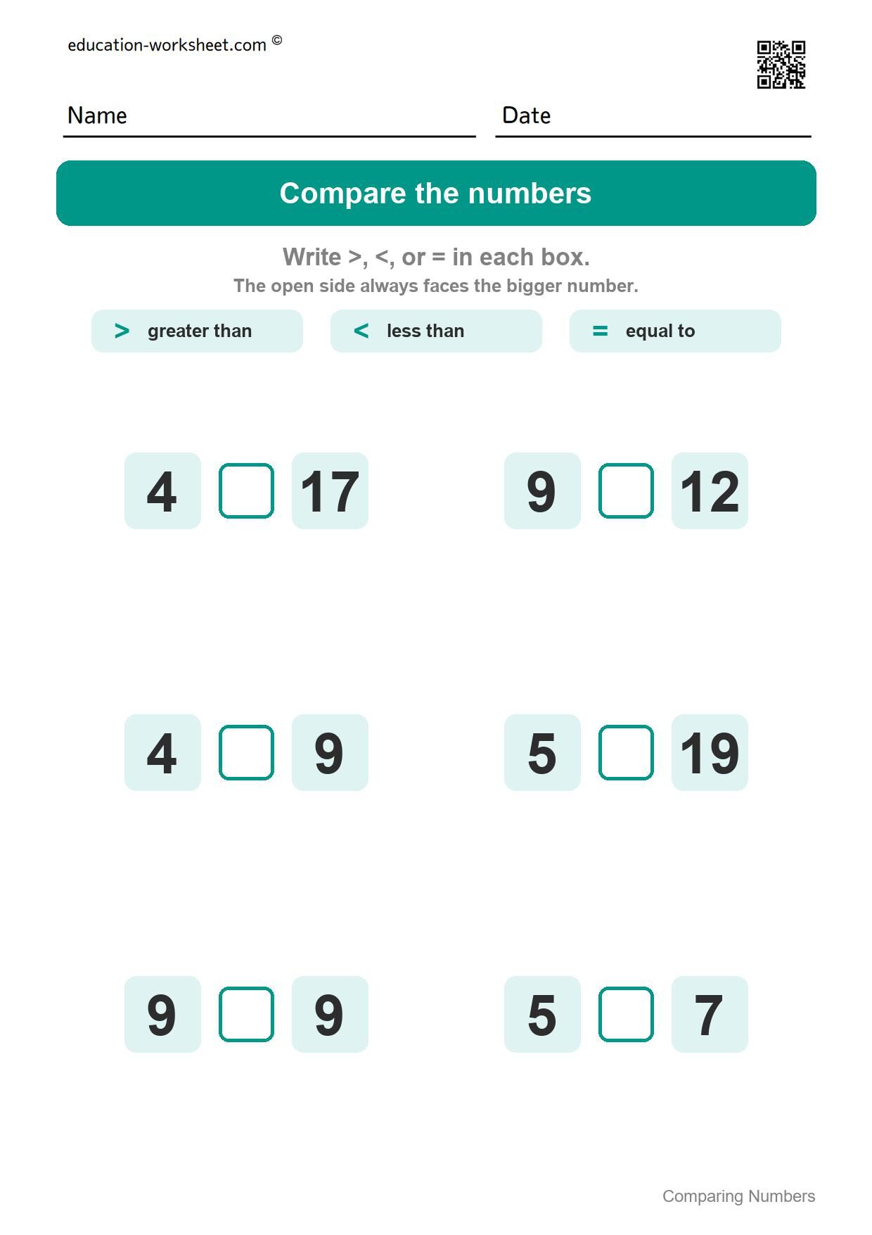 Compare numbers to 20 (Set 9) - Free Comparing Numbers Worksheets for Kindergarten - Greater Than Less Than