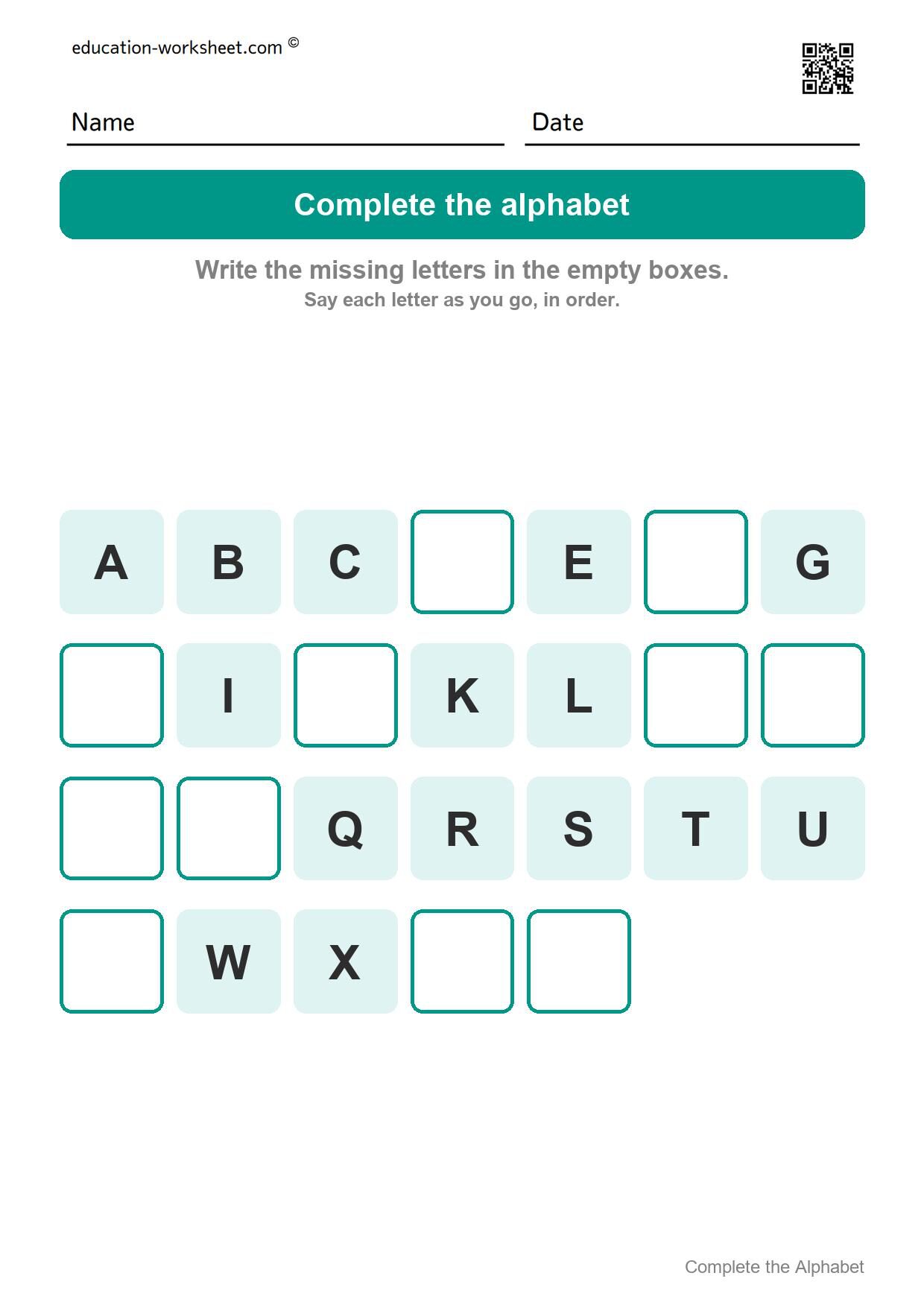 Complete the alphabet - capital letters (Set 1) - Free Complete the Alphabet Worksheets for Kindergarten - Missing Letters A to Z
