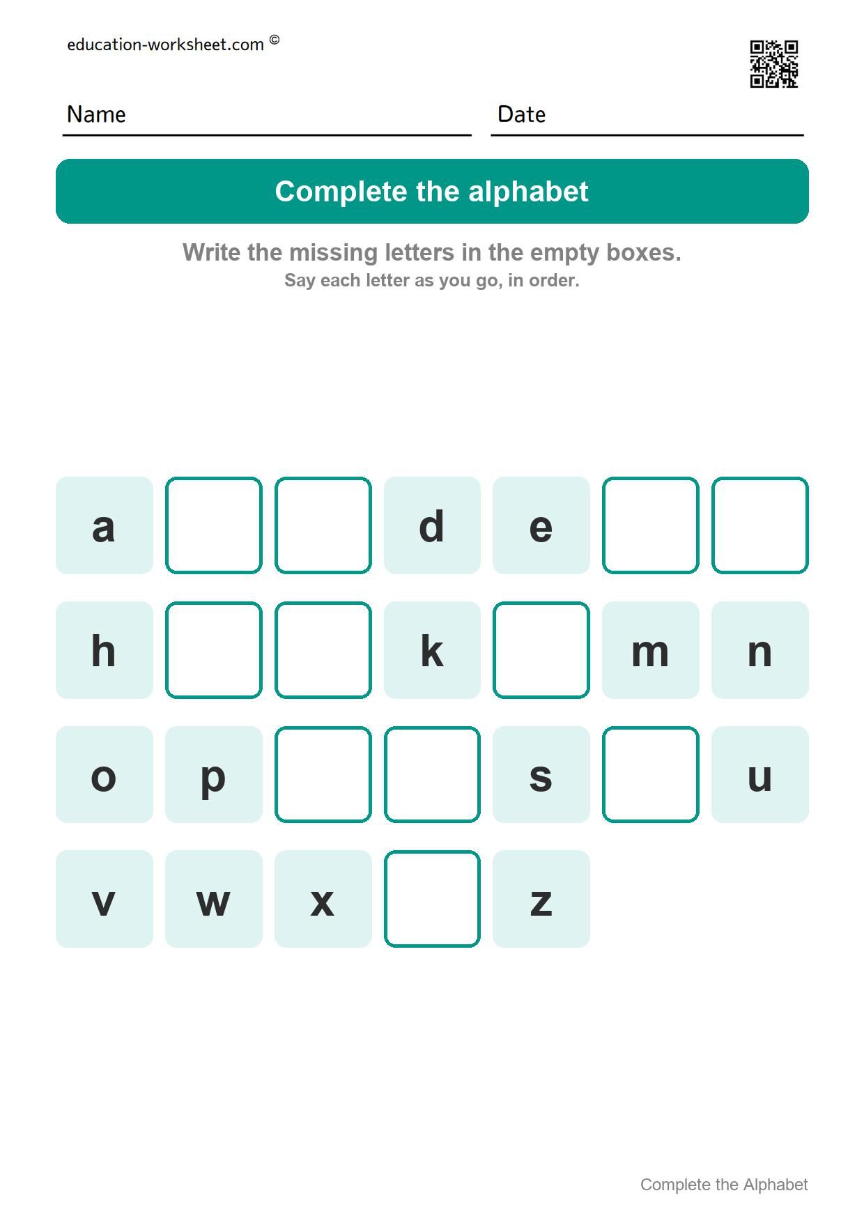 Complete the alphabet - small letters (Set 10) - Free Complete the Alphabet Worksheets for Kindergarten - Missing Letters A to Z