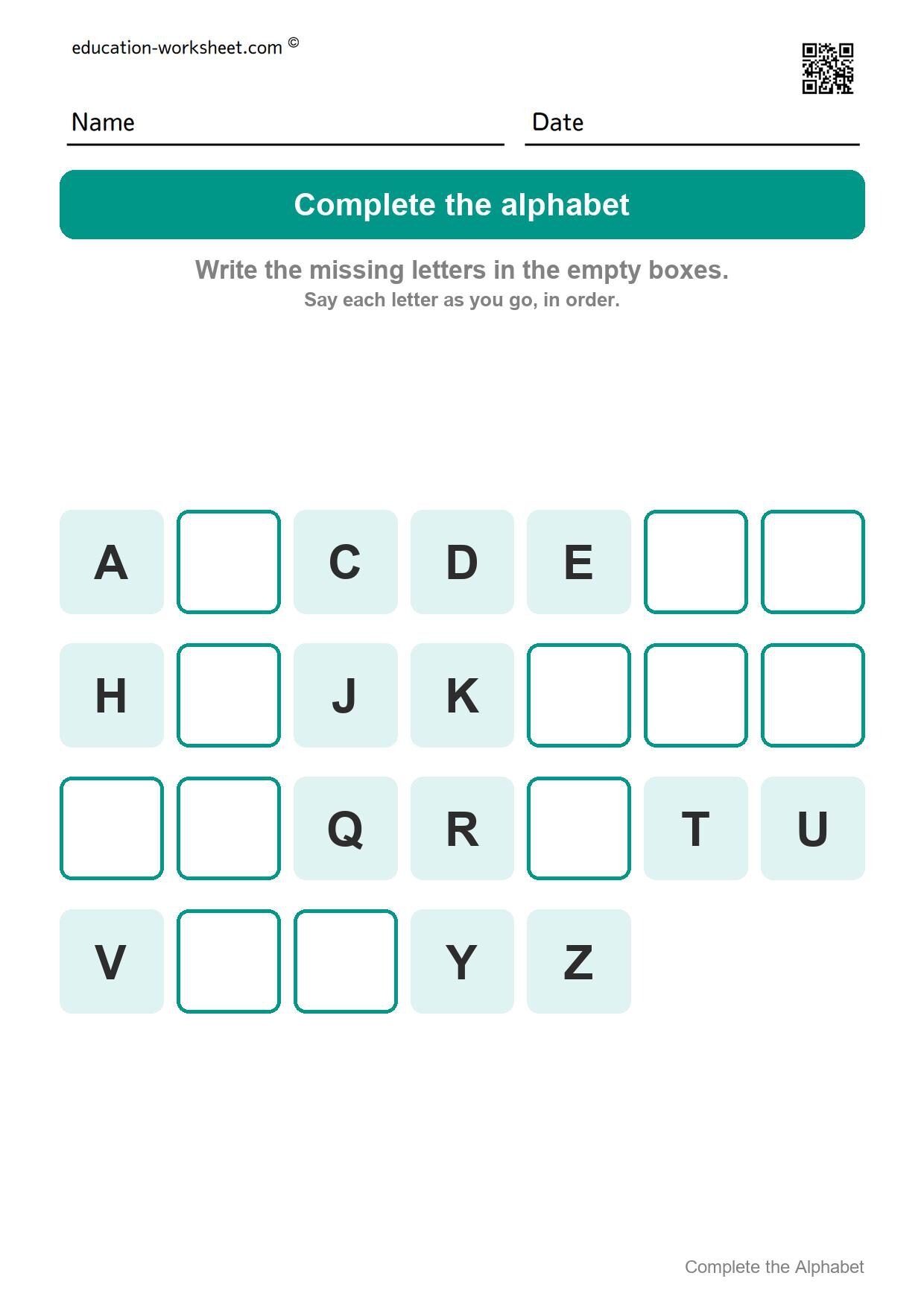 Complete the alphabet - capital letters (Set 2) - Free Complete the Alphabet Worksheets for Kindergarten - Missing Letters A to Z