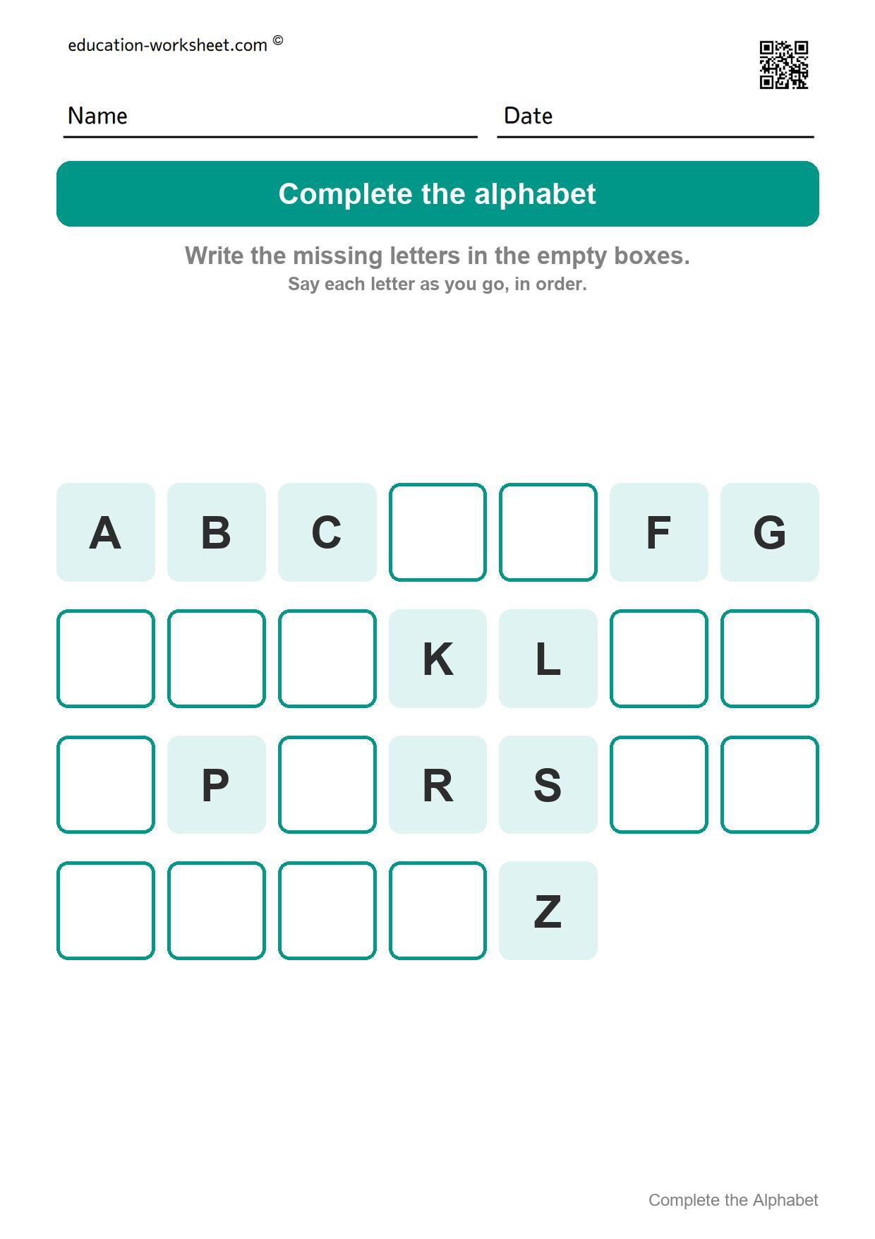 Complete the alphabet - capital letters (Set 3) - Free Complete the Alphabet Worksheets for Kindergarten - Missing Letters A to Z