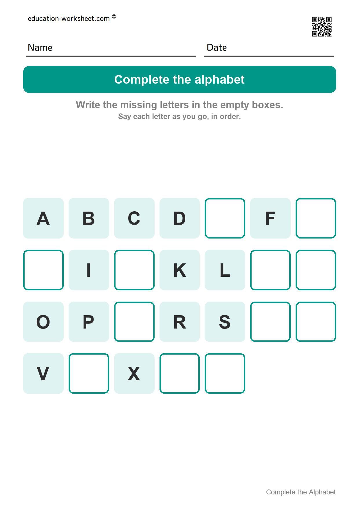Complete the alphabet - capital letters (Set 4) - Free Complete the Alphabet Worksheets for Kindergarten - Missing Letters A to Z