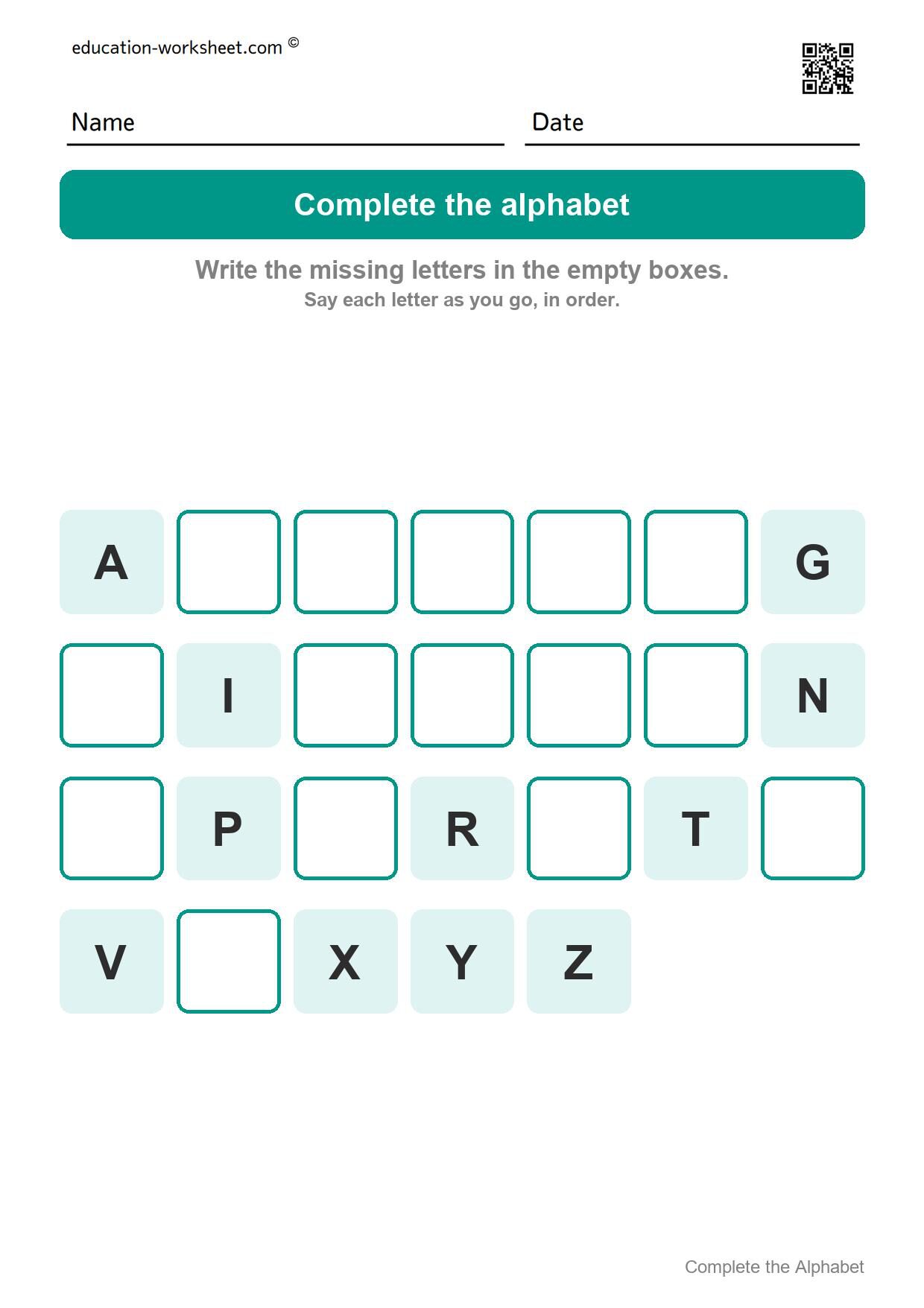 Complete the alphabet - capital letters (Set 5) - Free Complete the Alphabet Worksheets for Kindergarten - Missing Letters A to Z