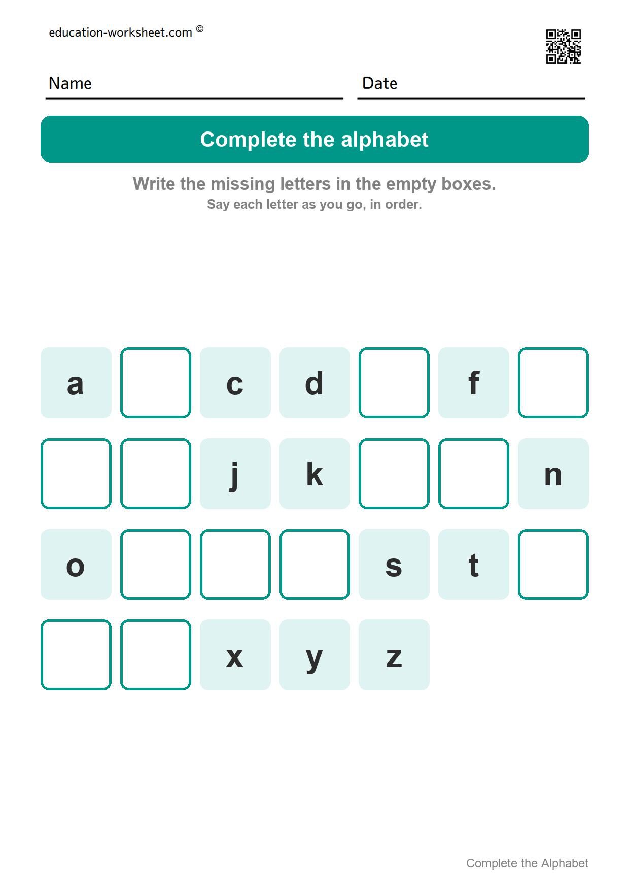 Complete the alphabet - small letters (Set 6) - Free Complete the Alphabet Worksheets for Kindergarten - Missing Letters A to Z