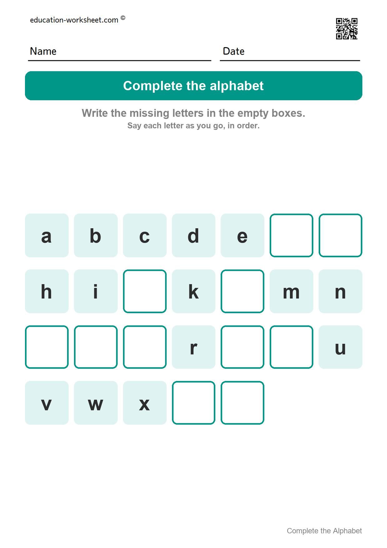 Complete the alphabet - small letters (Set 7) - Free Complete the Alphabet Worksheets for Kindergarten - Missing Letters A to Z