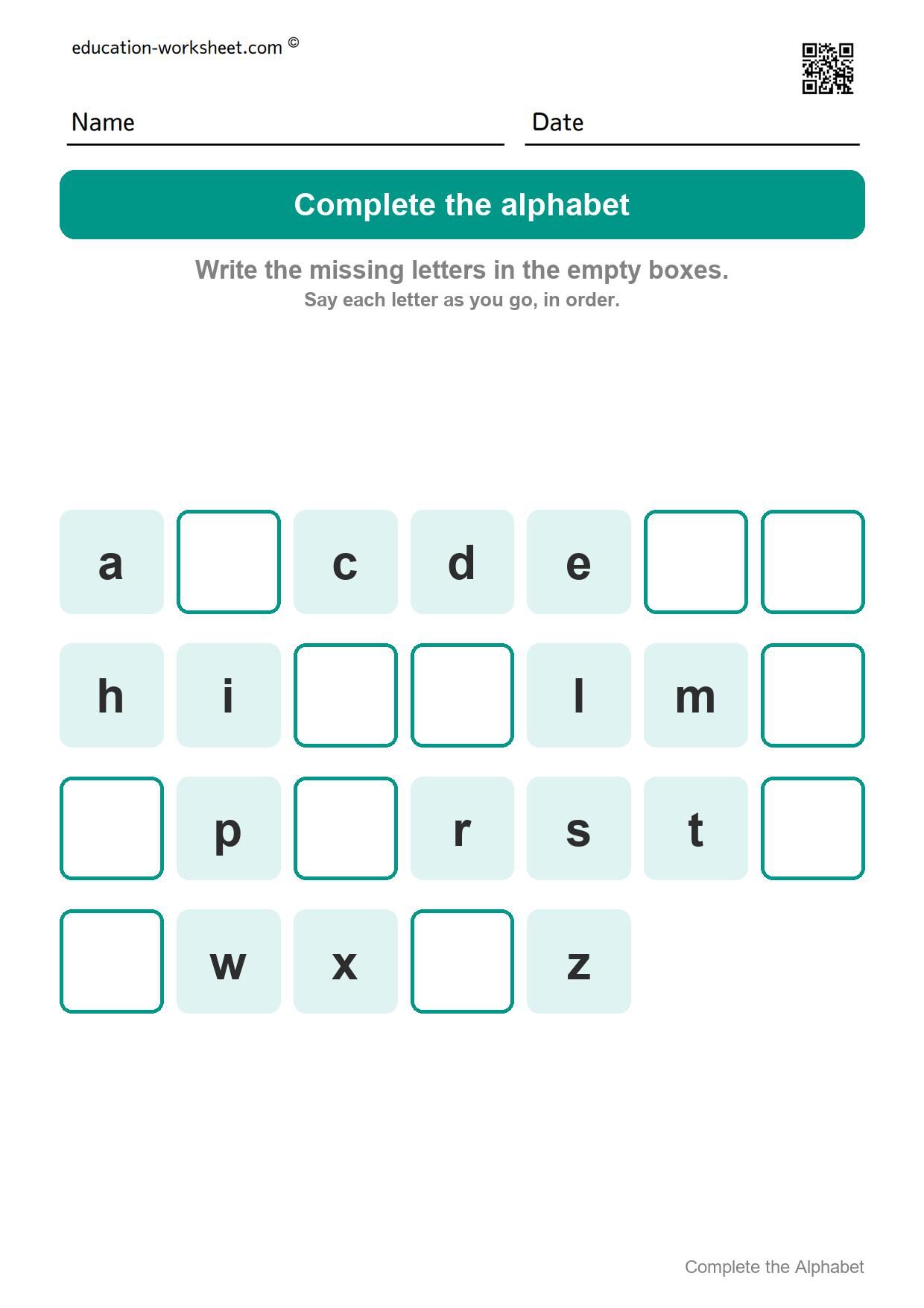 Complete the alphabet - small letters (Set 8) - Free Complete the Alphabet Worksheets for Kindergarten - Missing Letters A to Z