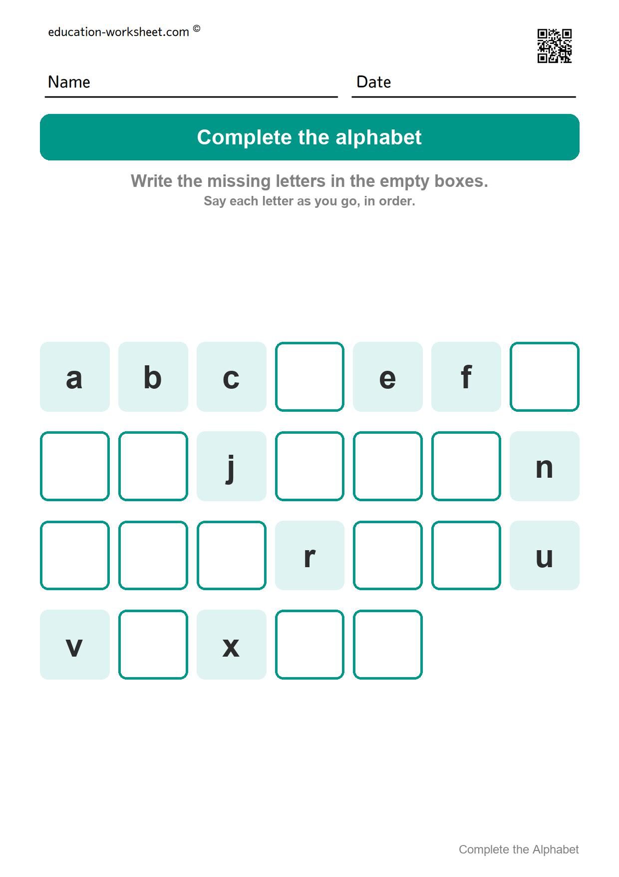 Complete the alphabet - small letters (Set 9) - Free Complete the Alphabet Worksheets for Kindergarten - Missing Letters A to Z