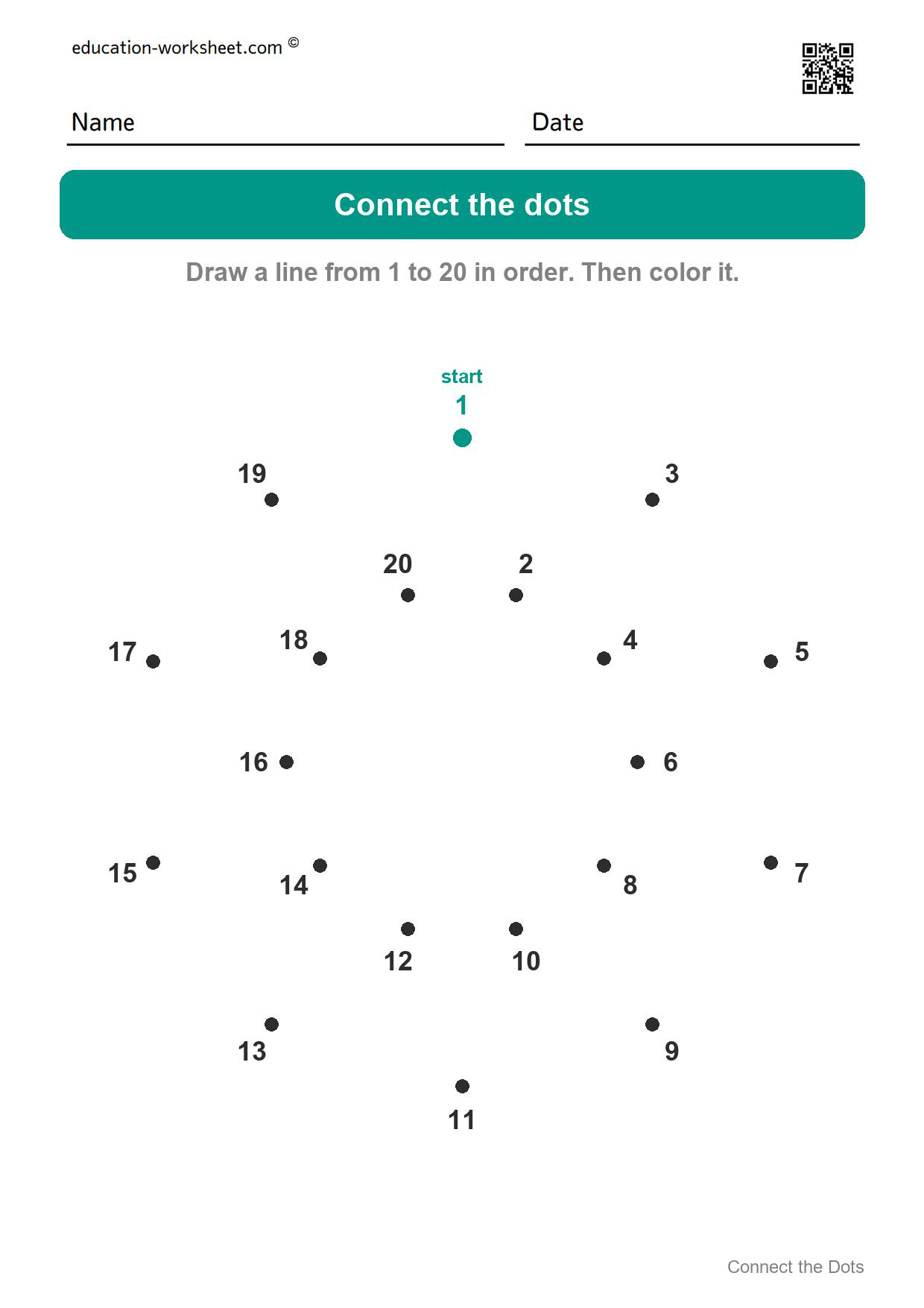 Connect the dots 1 to 20 - Sun - Free Connect the Dots Worksheets for Kids - Numbers 1 to 20