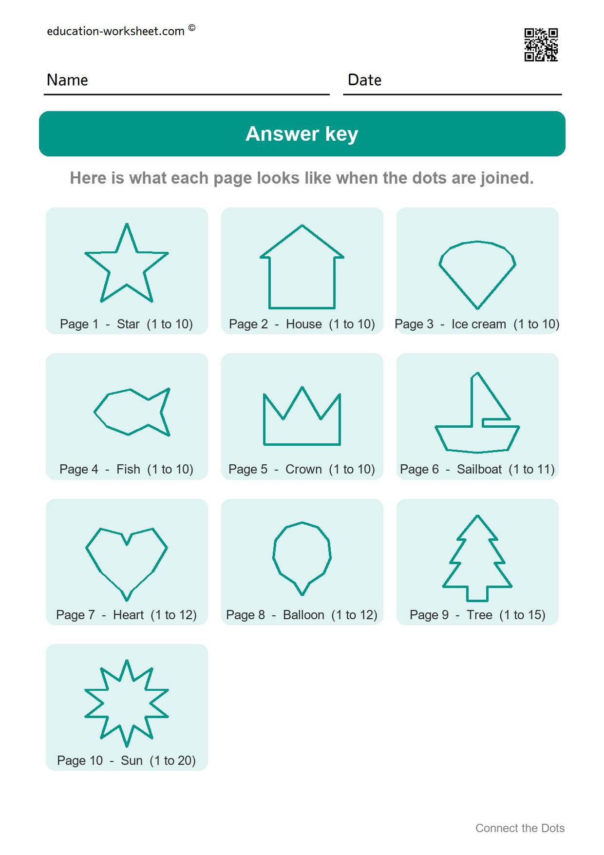 Answer key - all 10 pictures - Free Connect the Dots Worksheets for Kids - Numbers 1 to 20