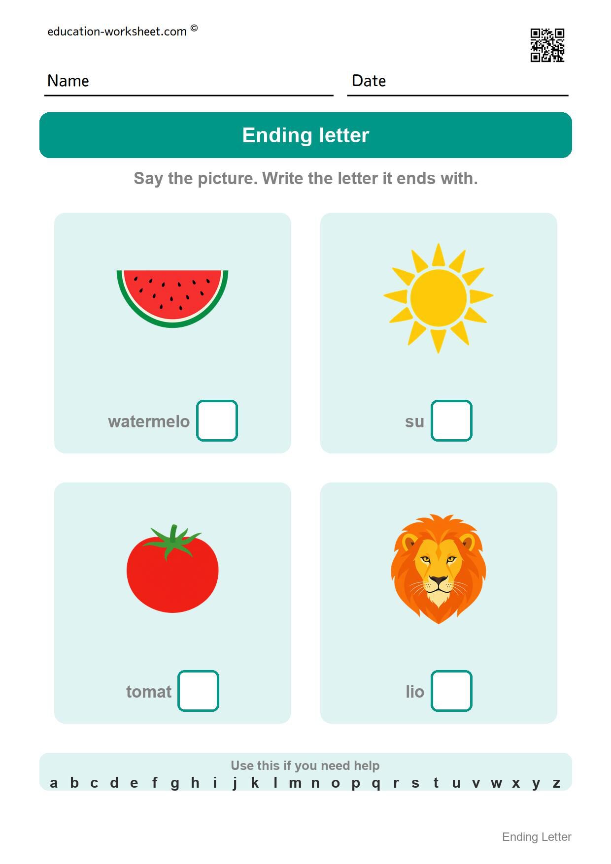 Write the ending letter (Set 2) - Free Ending Letter Worksheets for Kindergarten - Write the Last Letter