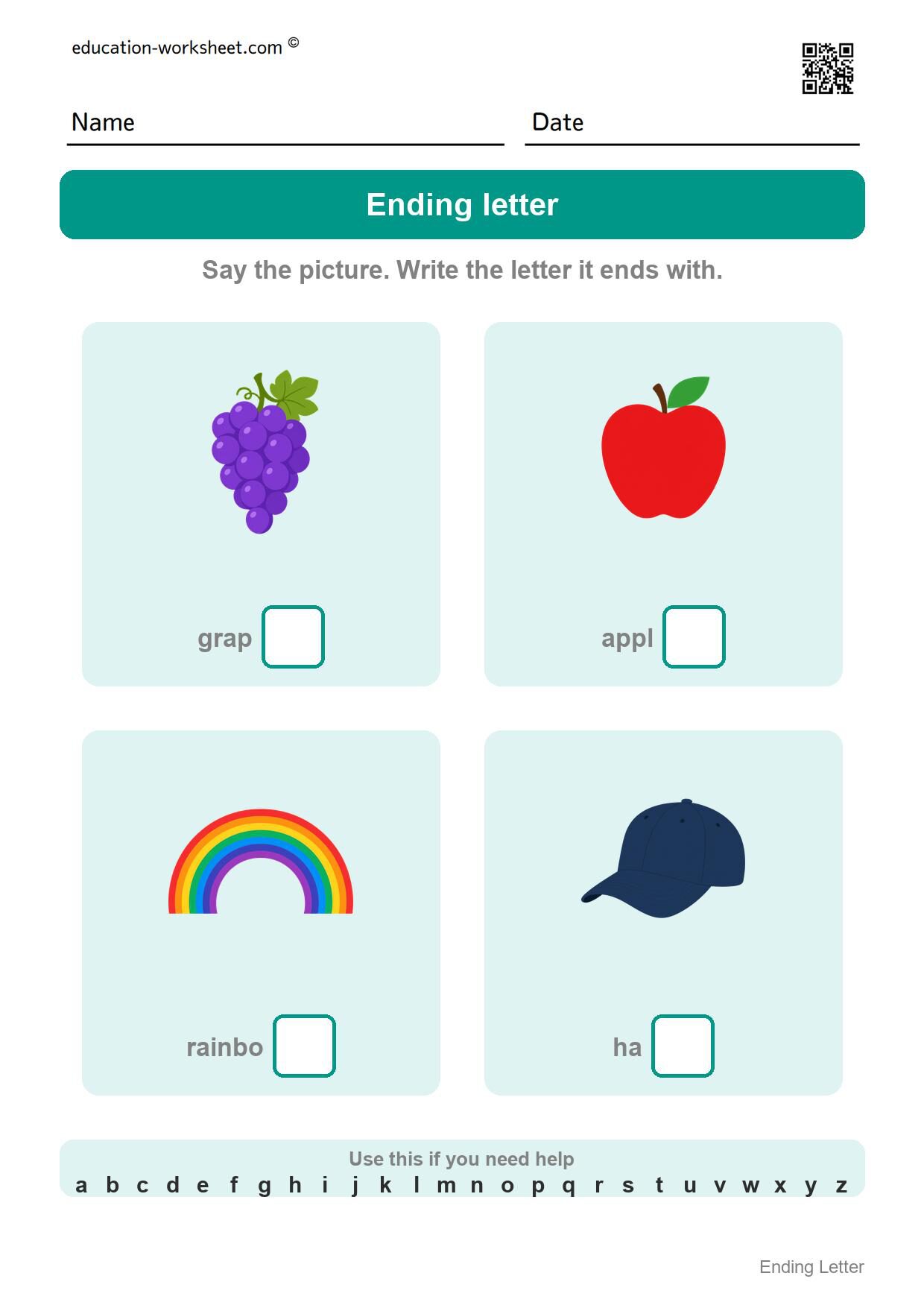 Write the ending letter (Set 3) - Free Ending Letter Worksheets for Kindergarten - Write the Last Letter