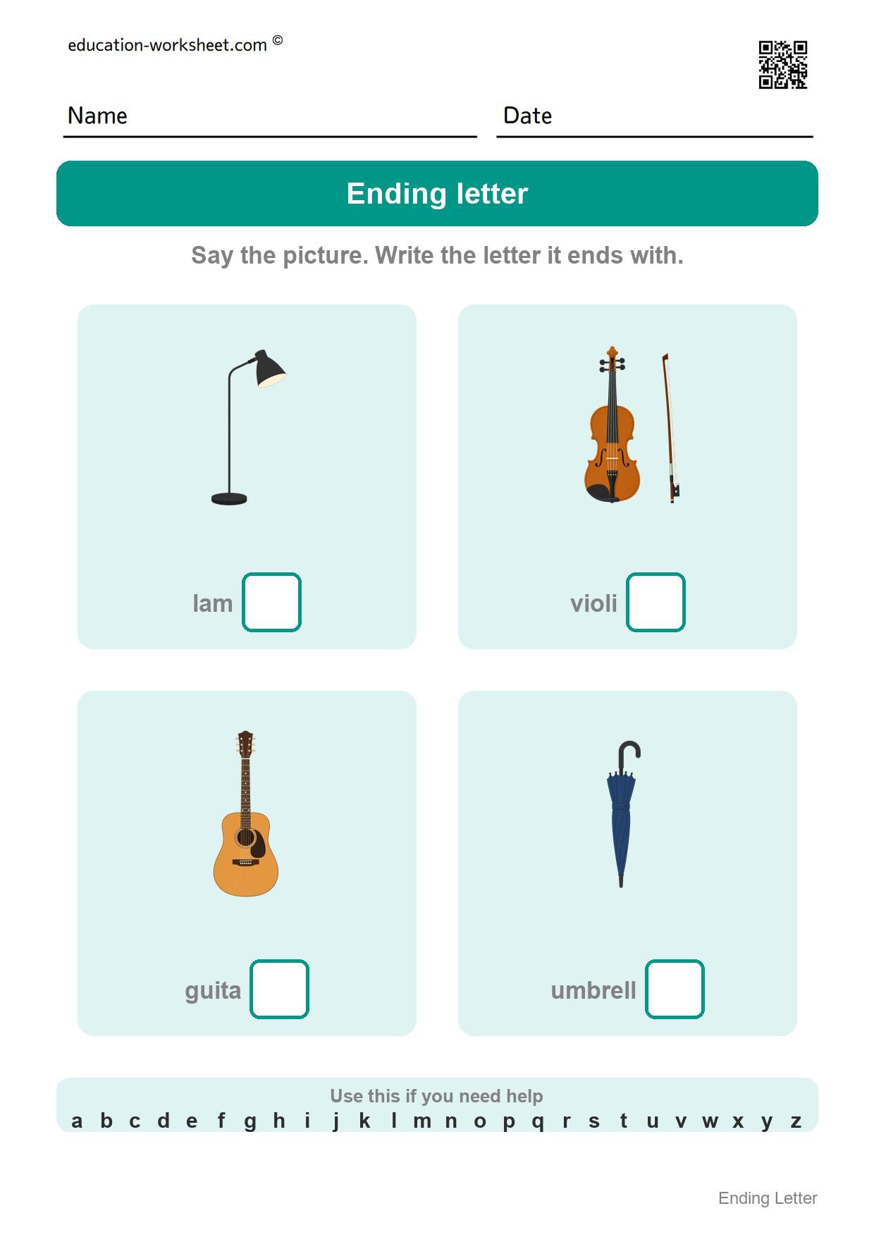 Write the ending letter (Set 6) - Free Ending Letter Worksheets for Kindergarten - Write the Last Letter