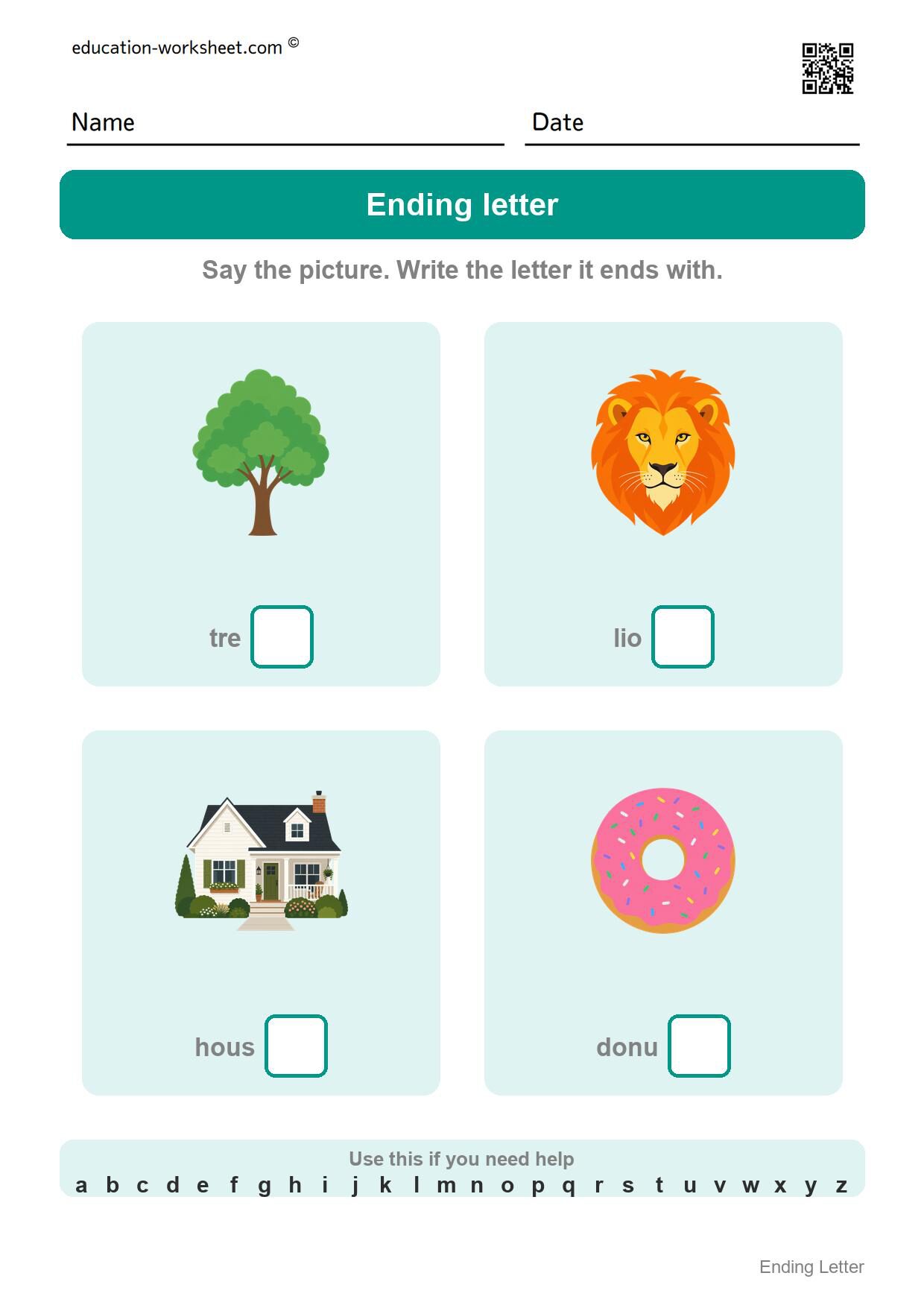Write the ending letter (Set 7) - Free Ending Letter Worksheets for Kindergarten - Write the Last Letter