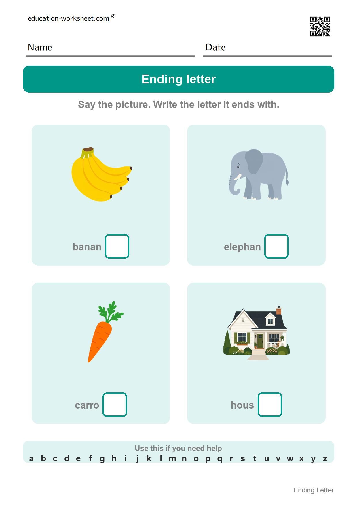 Write the ending letter (Set 8) - Free Ending Letter Worksheets for Kindergarten - Write the Last Letter