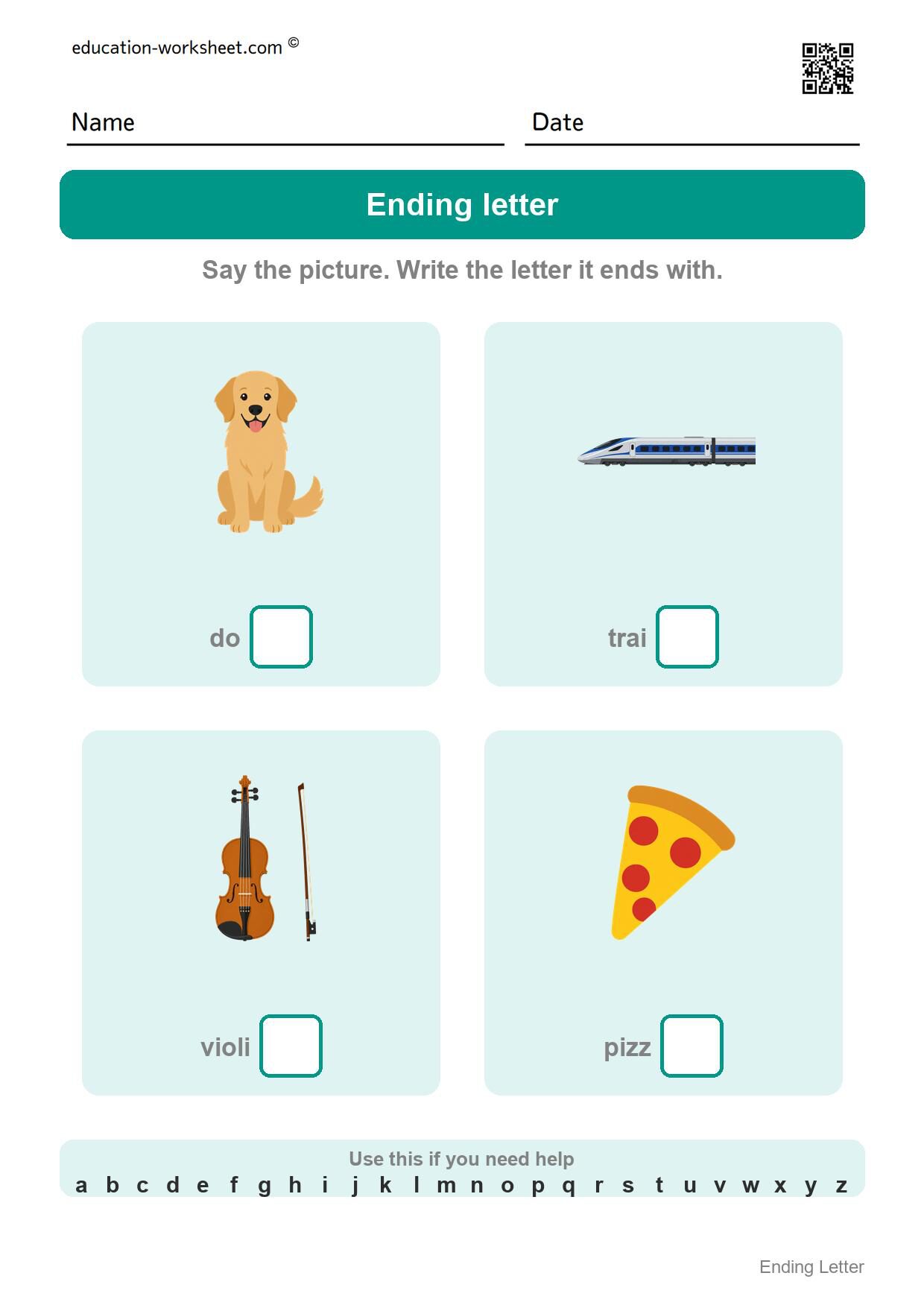 Write the ending letter (Set 9) - Free Ending Letter Worksheets for Kindergarten - Write the Last Letter
