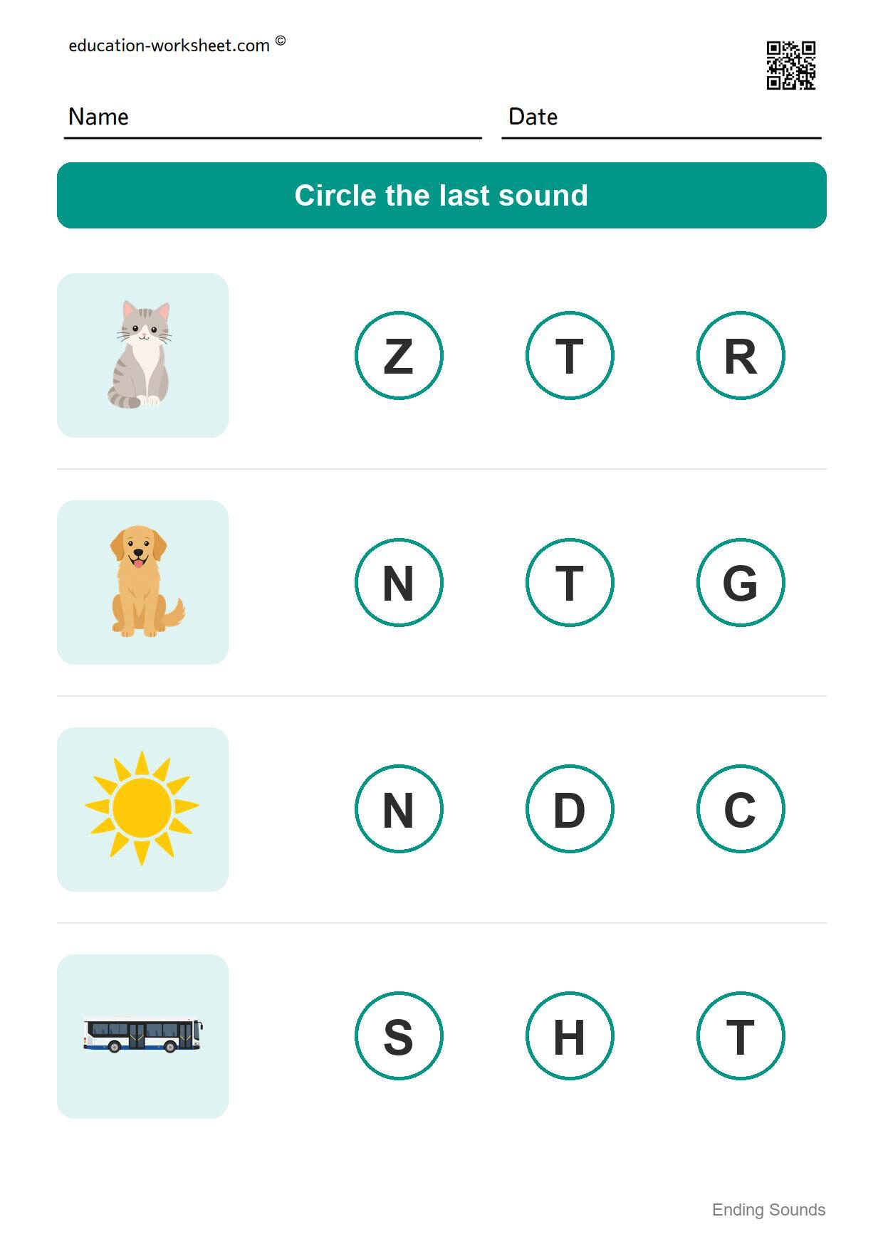 Ending sounds (Set 1) - Free Ending Sounds Worksheets for Kindergarten - Phonics