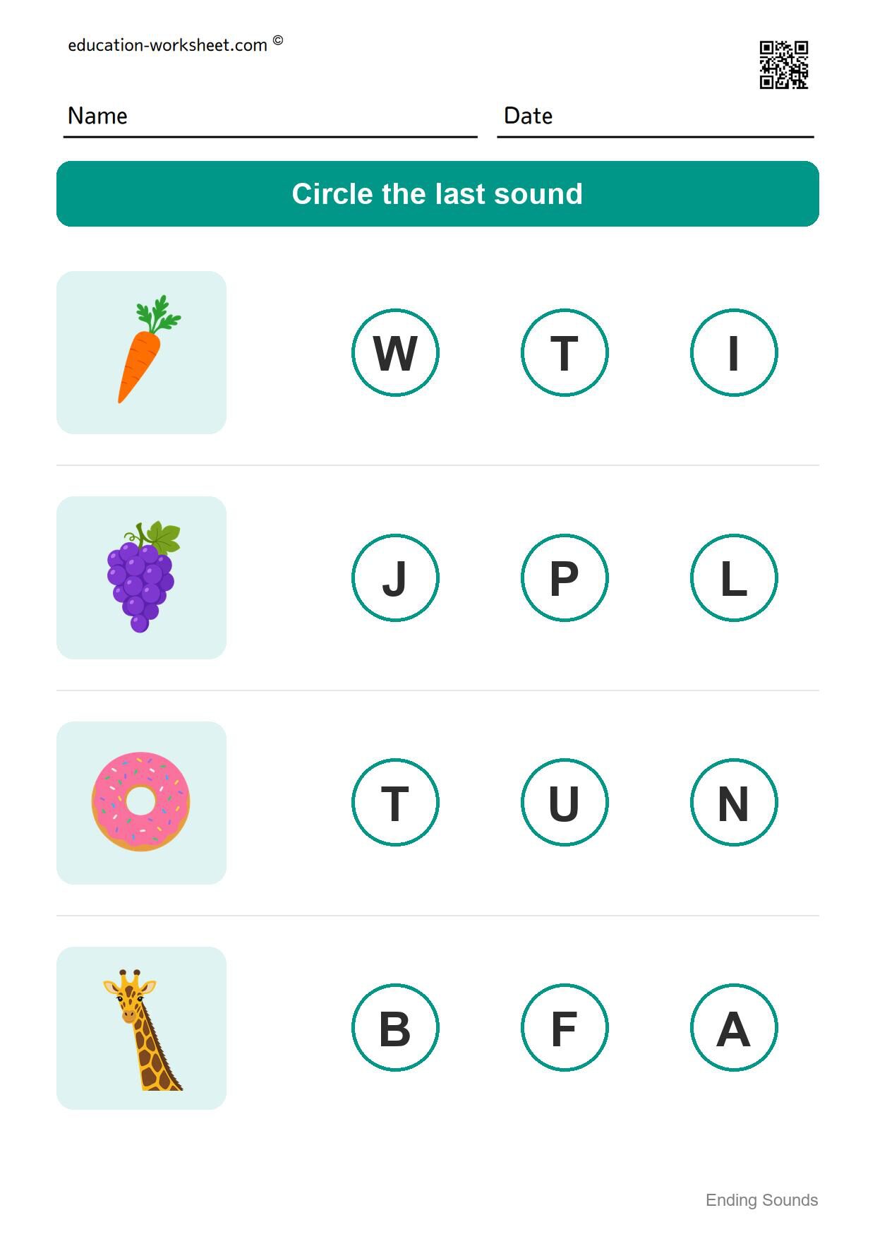 Ending sounds (Set 5) - Free Ending Sounds Worksheets for Kindergarten - Phonics