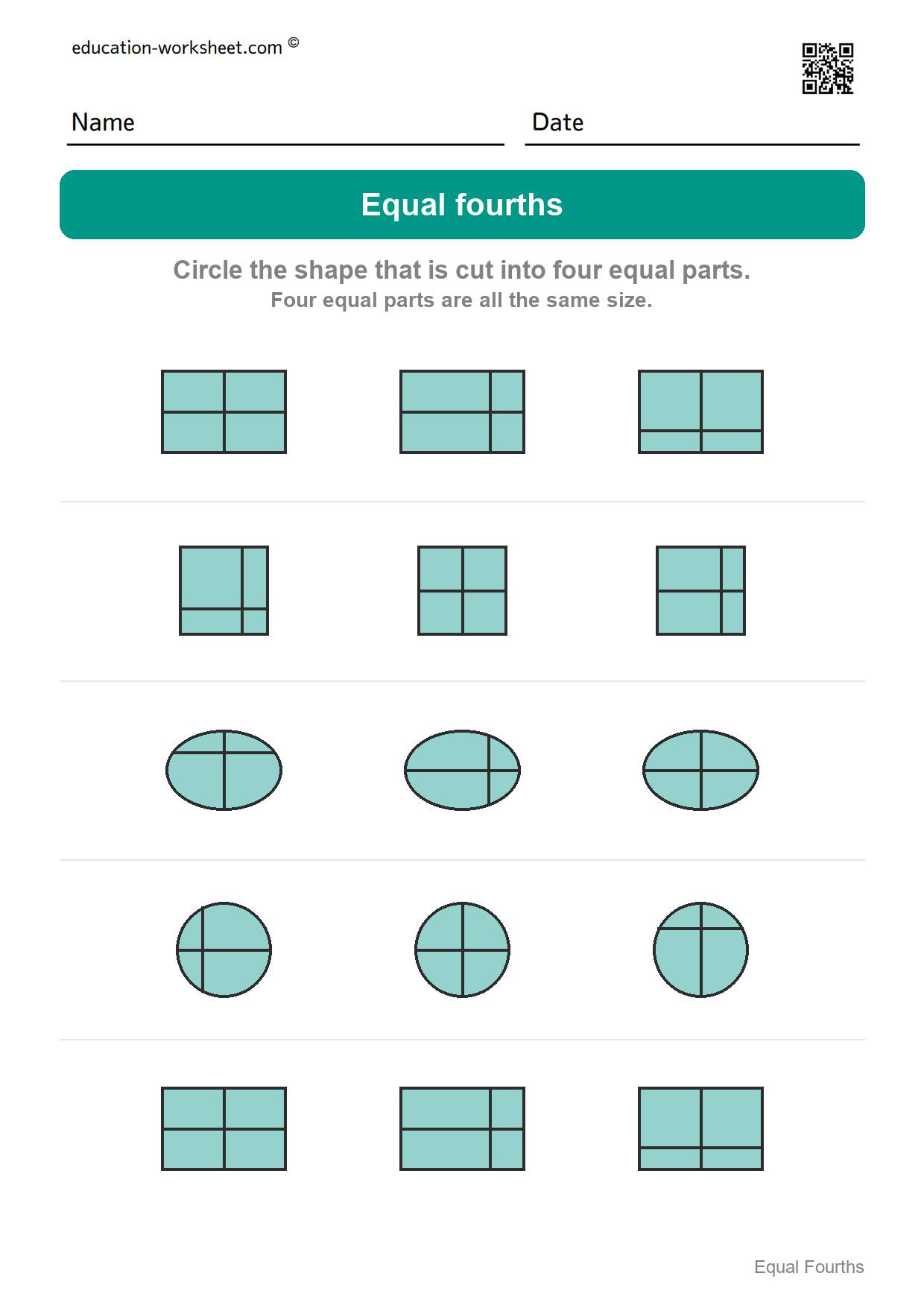 Circle the equal fourths (Set 1) - Free Fourths Worksheets for Kindergarten - Four Equal Parts of Shapes