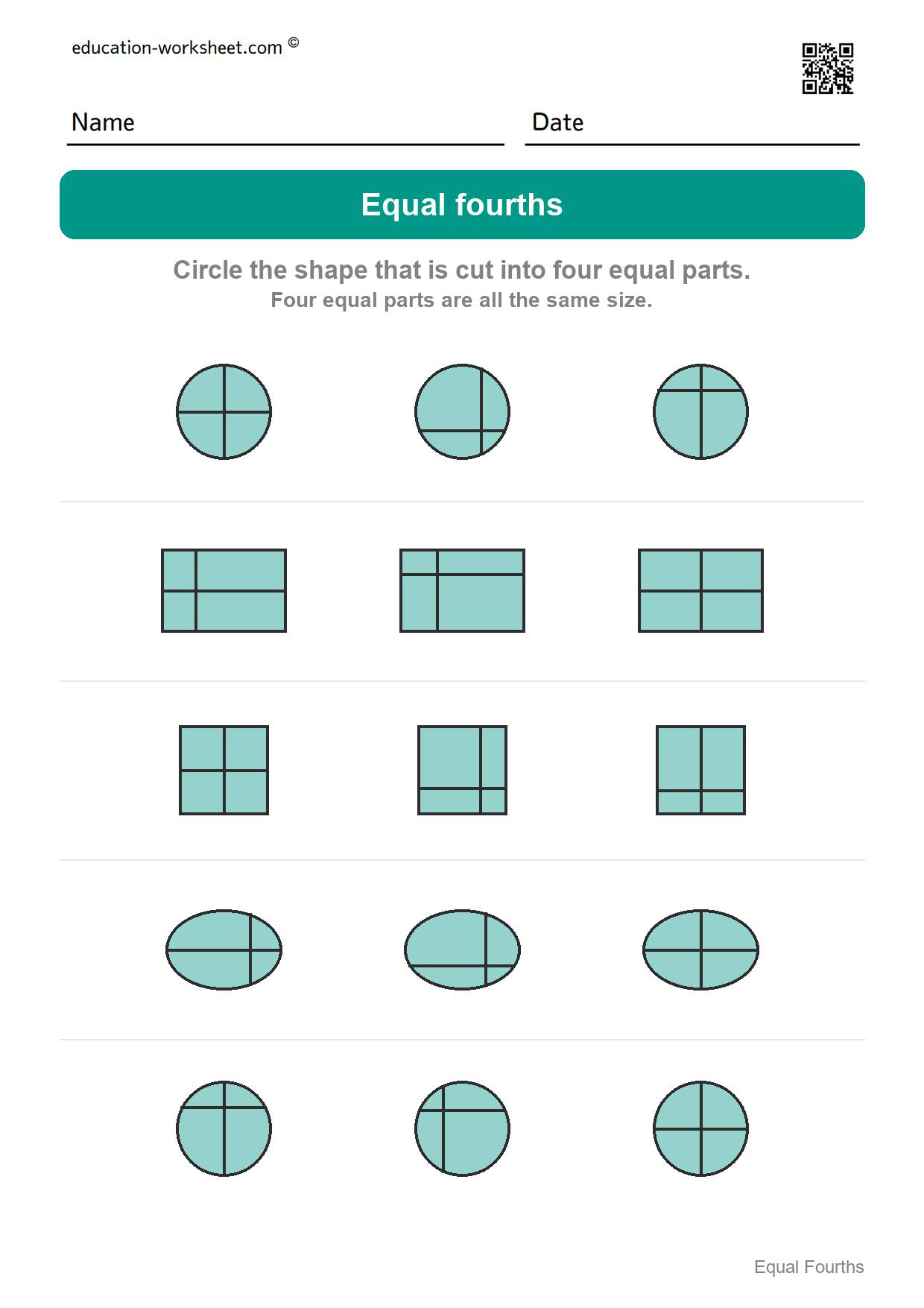 Circle the equal fourths (Set 10) - Free Fourths Worksheets for Kindergarten - Four Equal Parts of Shapes