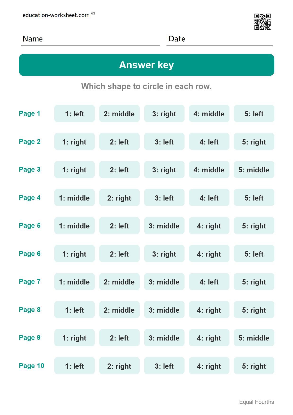 Answer key - all 10 pages - Free Fourths Worksheets for Kindergarten - Four Equal Parts of Shapes