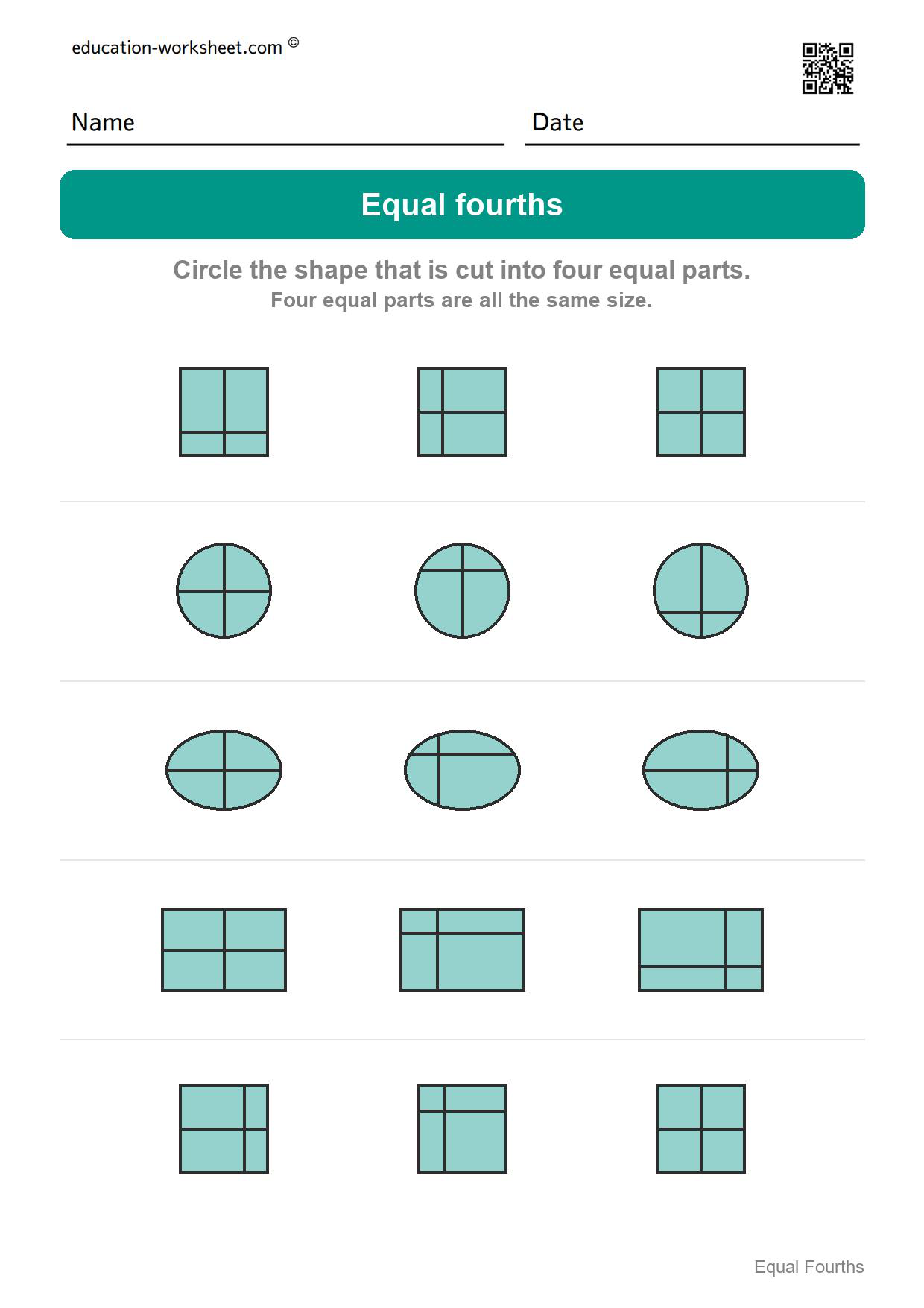 Circle the equal fourths (Set 2) - Free Fourths Worksheets for Kindergarten - Four Equal Parts of Shapes