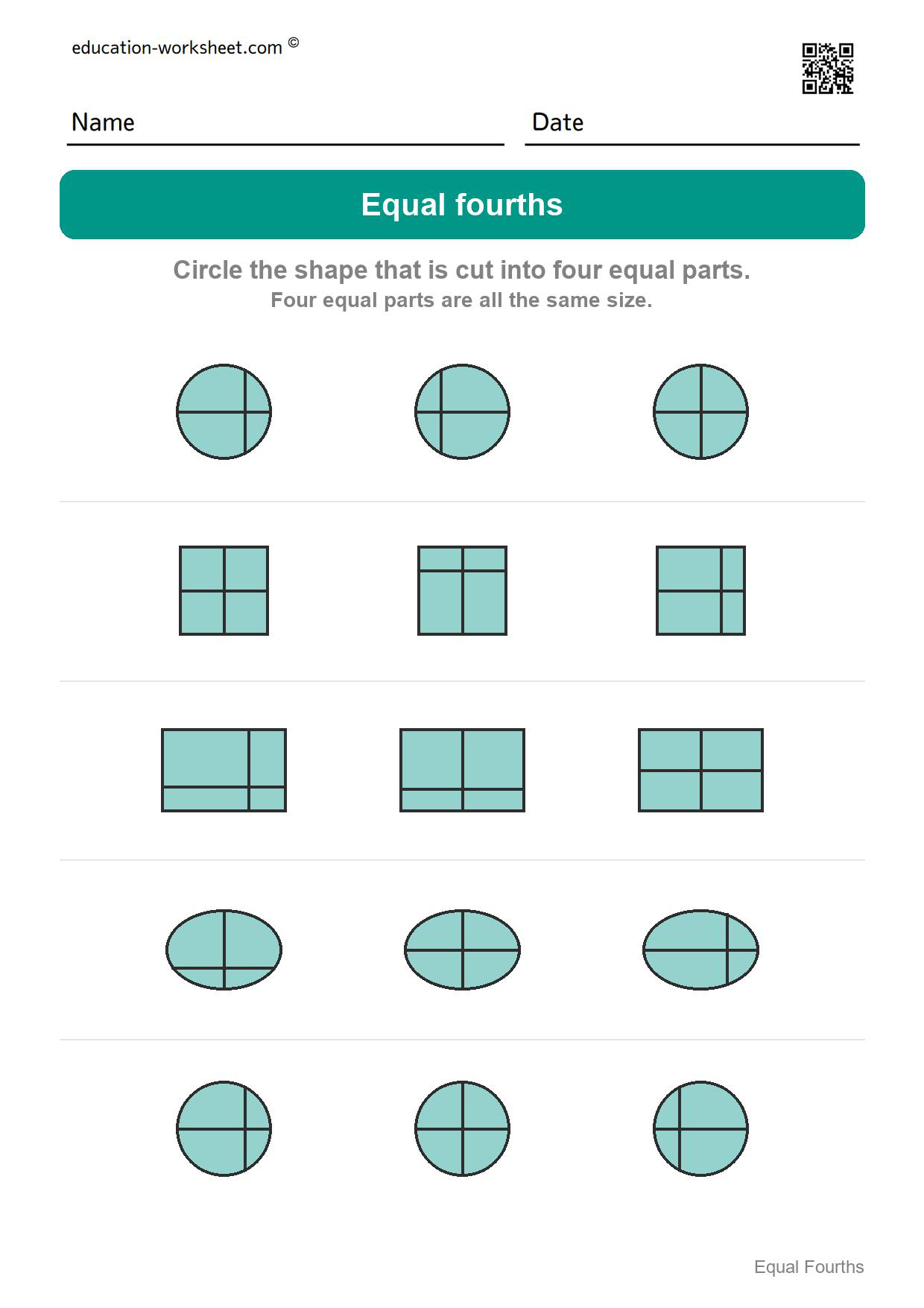 Circle the equal fourths (Set 3) - Free Fourths Worksheets for Kindergarten - Four Equal Parts of Shapes